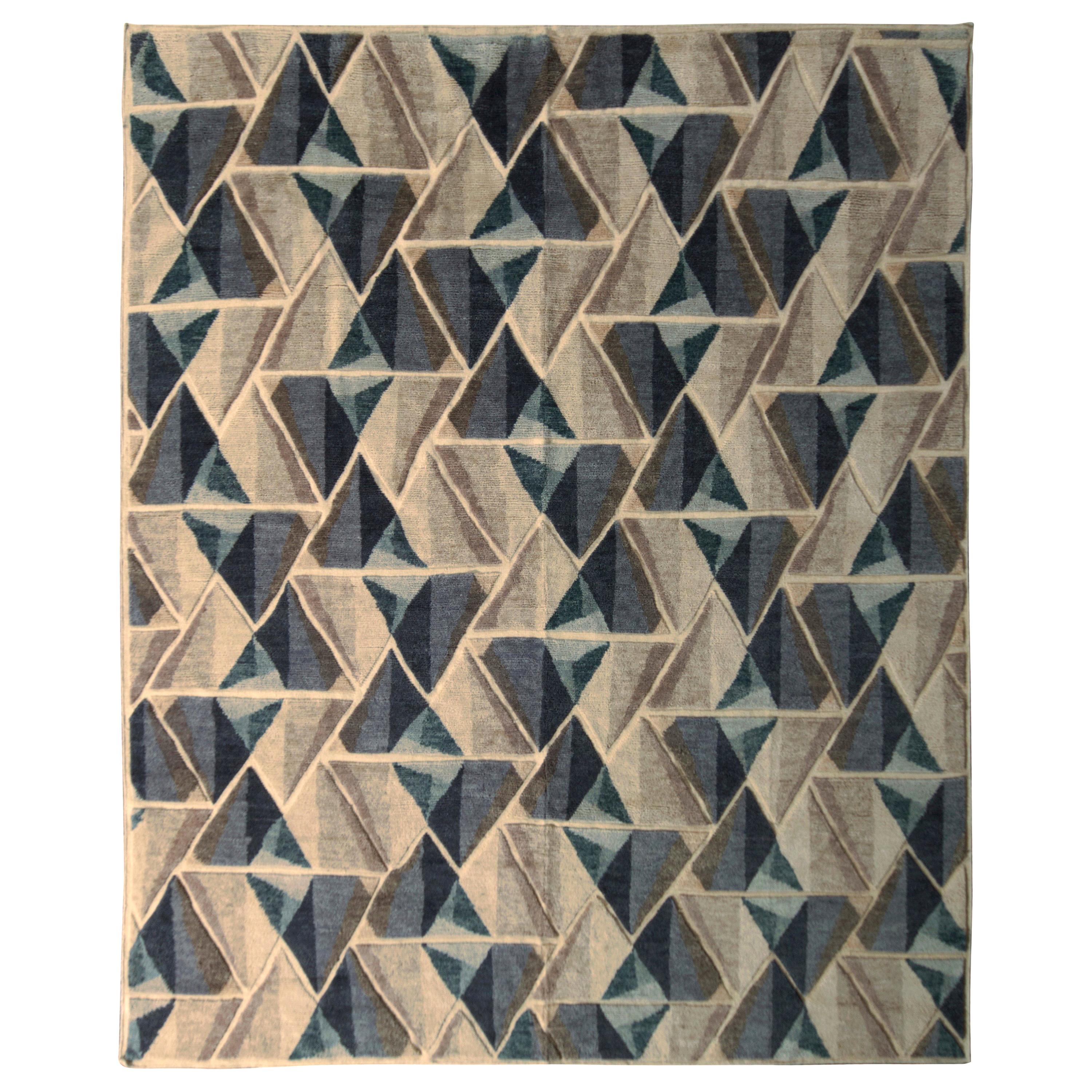 Rug & Kilim's Scandinavian Style Rug Geometric Silver-Gray Blue Custom For Sale