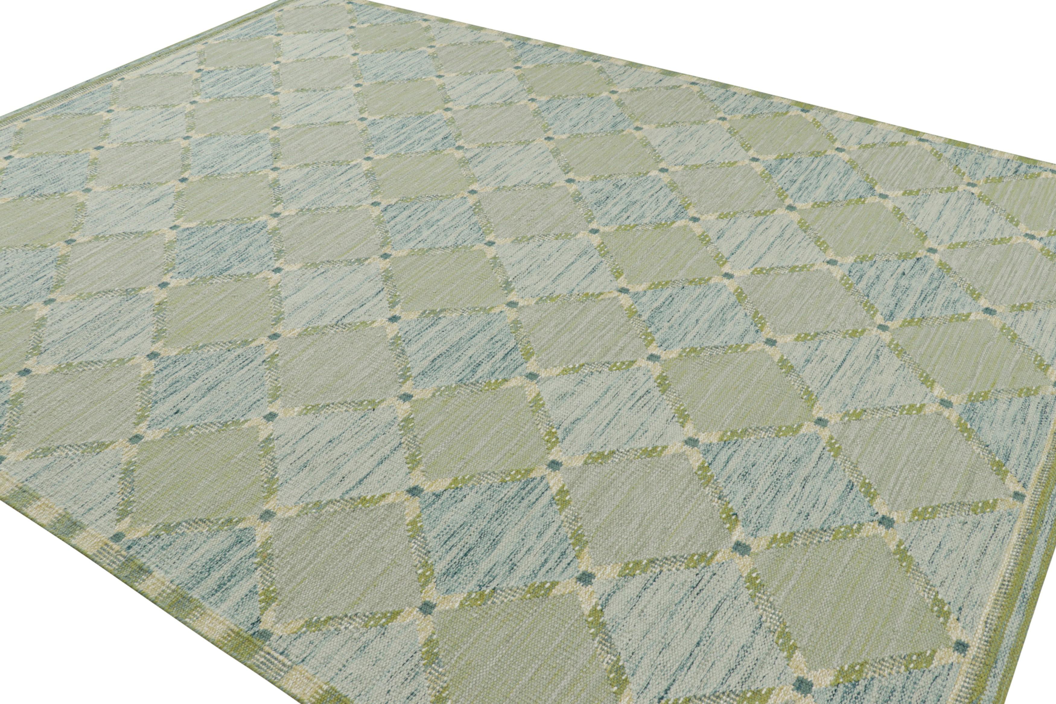 Indiano Tappeto in stile scandinavo Rug & Kilim, motivi a diamante a reticolo verde e blu in vendita