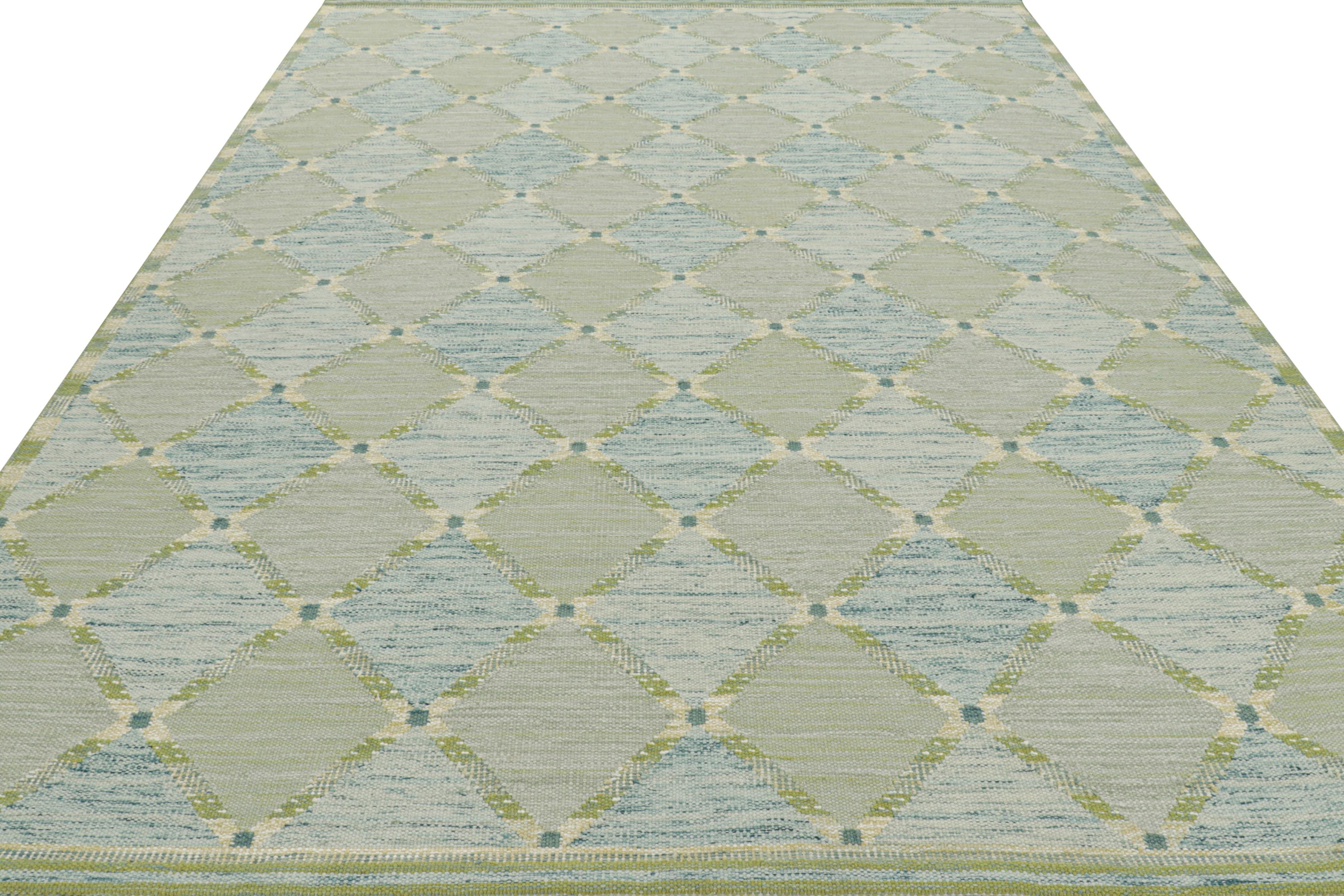 Tessuto a mano Tappeto in stile scandinavo Rug & Kilim, motivi a diamante a reticolo verde e blu in vendita