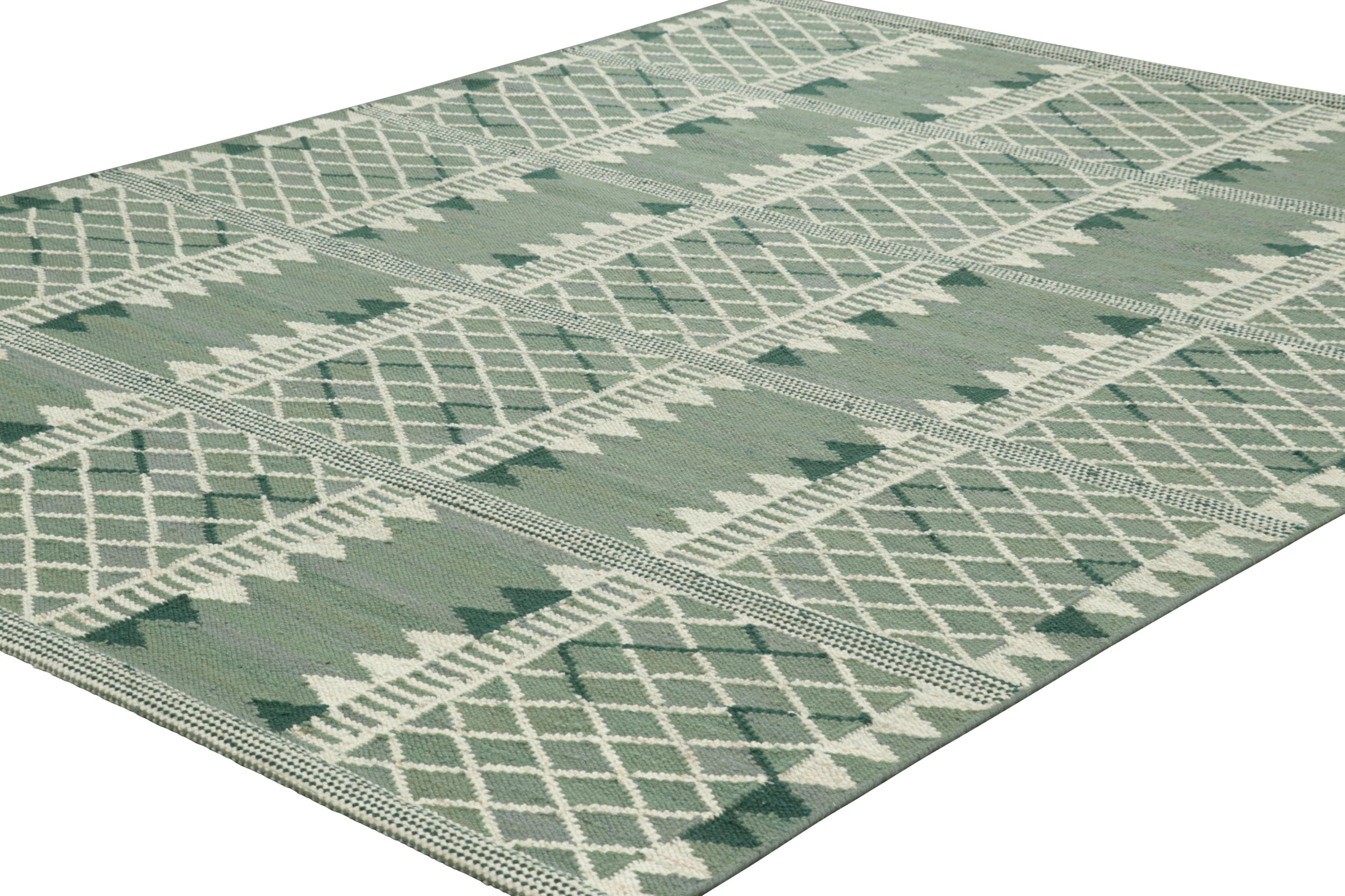 Indien Tapis de style scandinave de Rug & Kilim, vert et crème avec motifs géométriques en vente