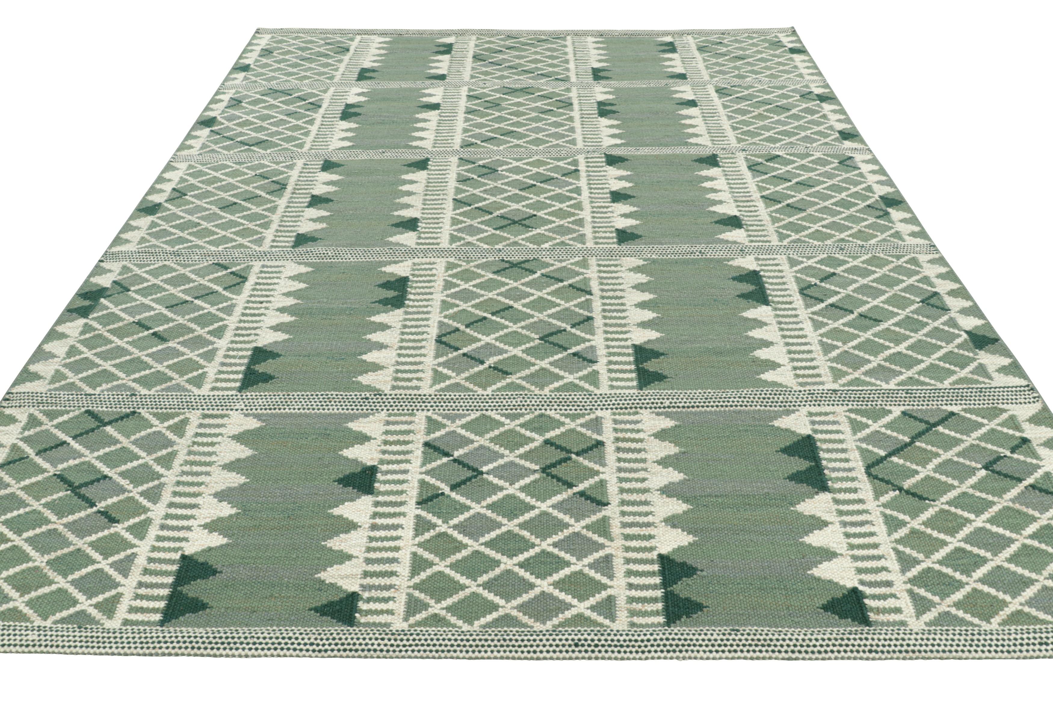 Tissé à la main Tapis de style scandinave de Rug & Kilim, vert et crème avec motifs géométriques en vente