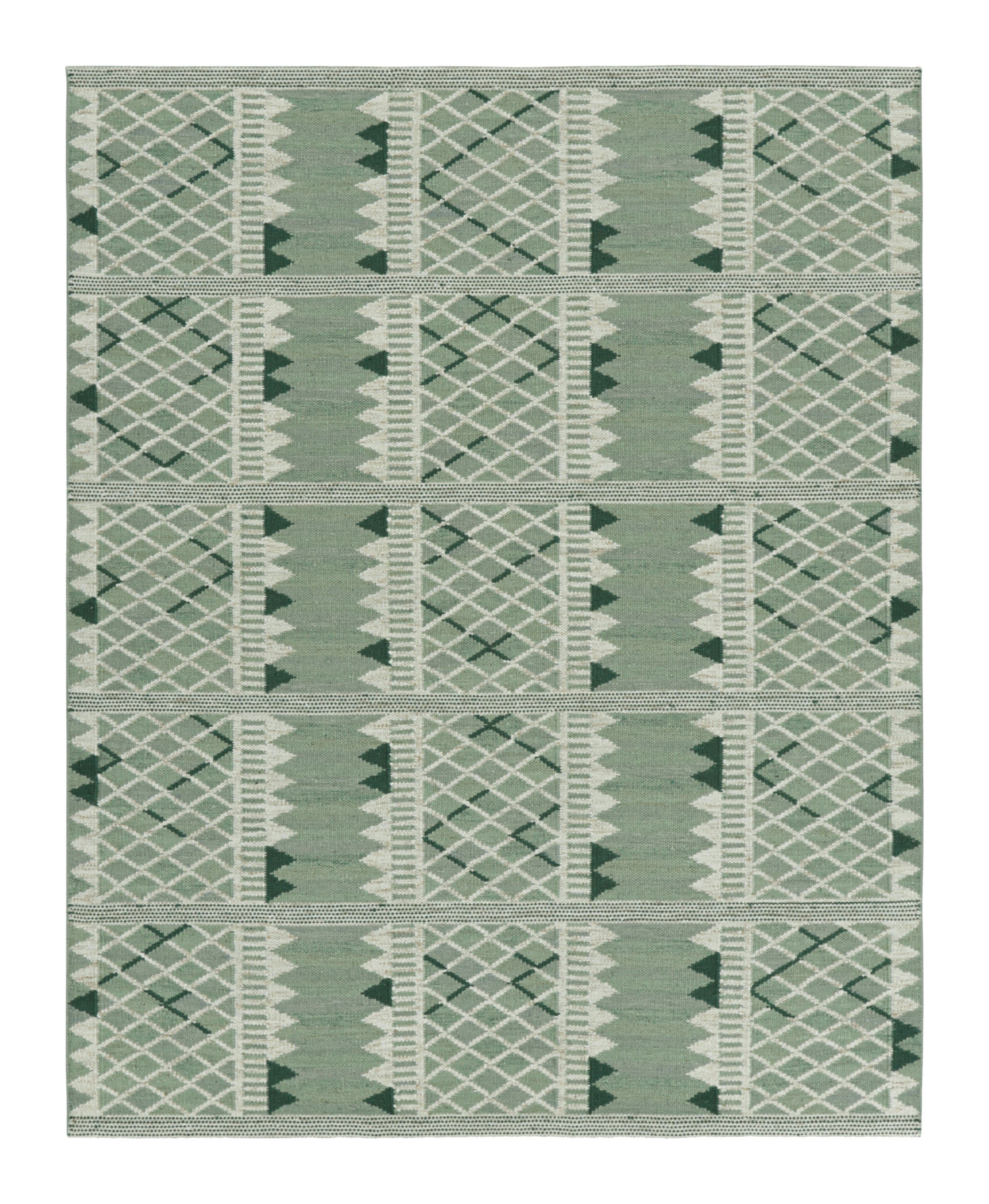 Rug & Kilim's Teppich im skandinavischen Stil, Grün und Creme mit geometrischen Mustern