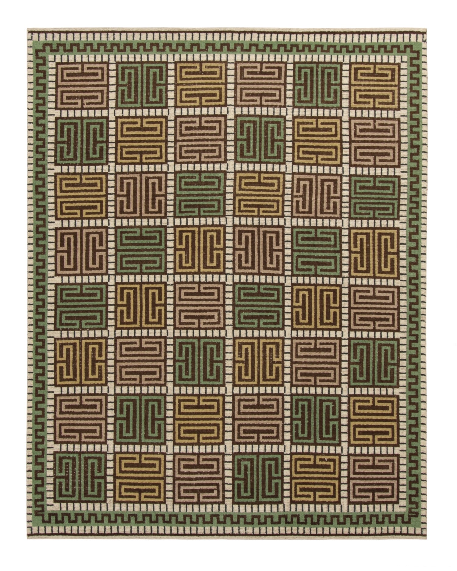 Rug & Kilim's Teppich im skandinavischen Stil, grün und rosa mit geometrischen Mustern