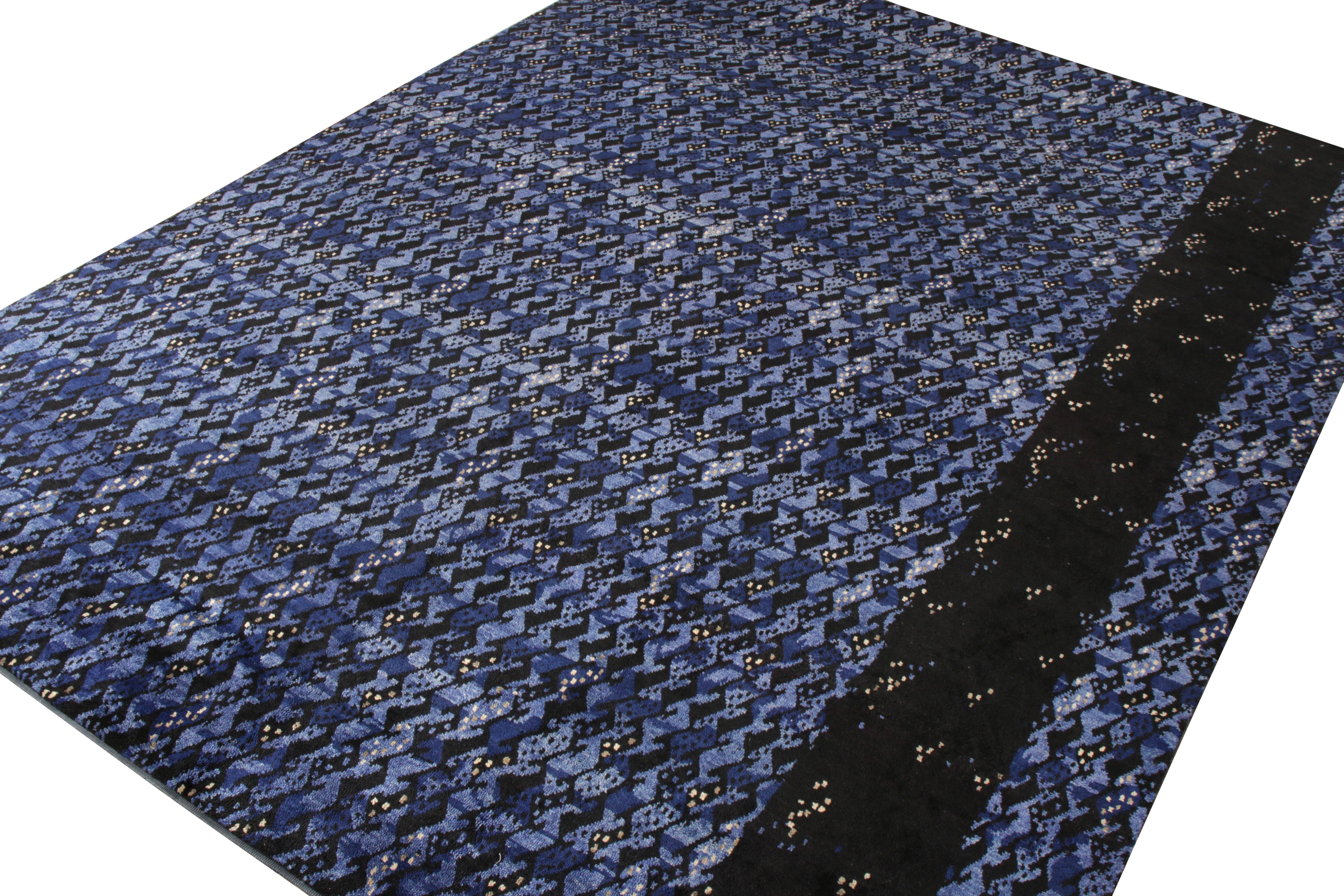 Modern Rug & Kilim’s Scandinavian Style Rug in All over Blue, Black Geometric Pattern For Sale