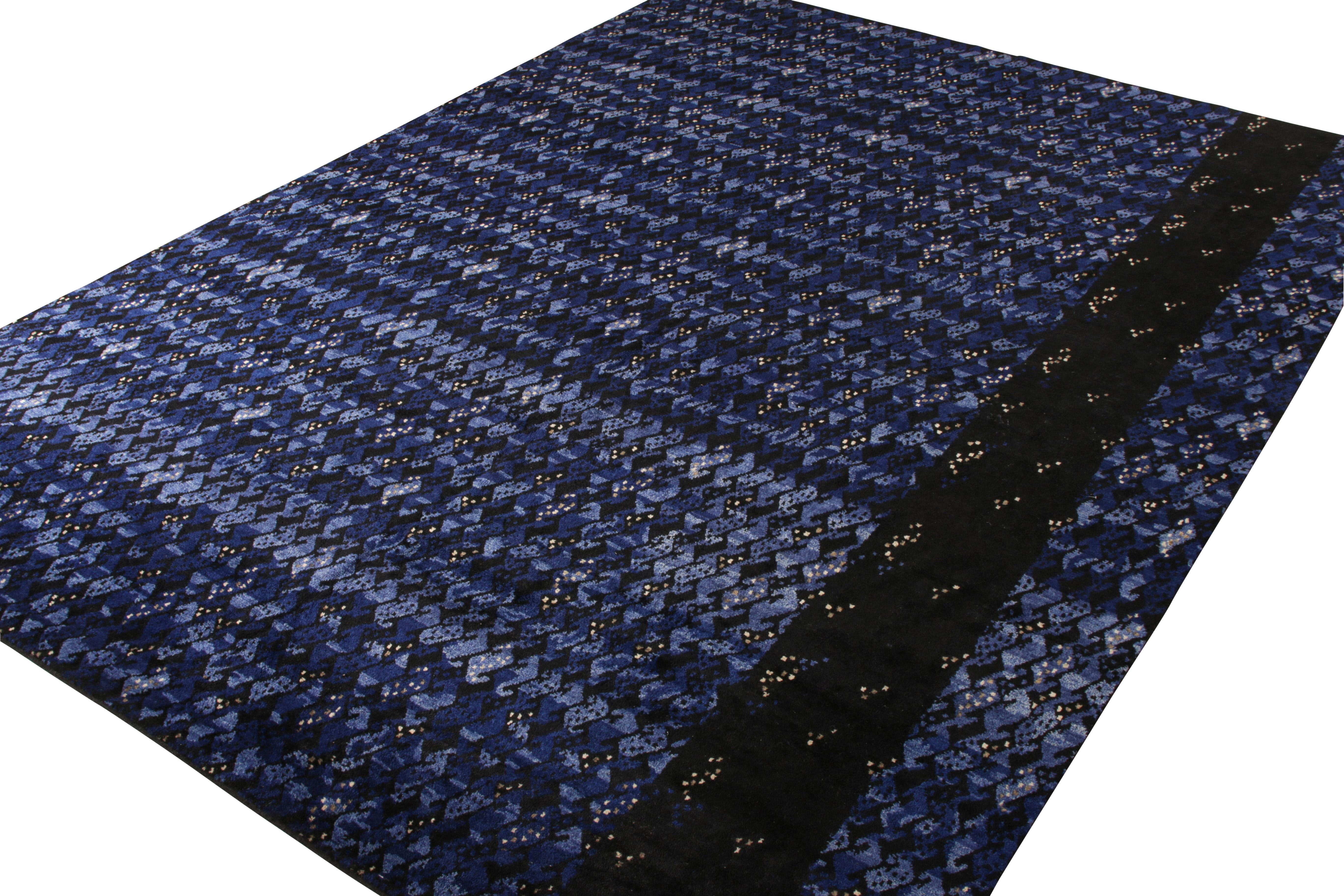 Scandinavian Modern Rug & Kilim’s Scandinavian Style Rug in All over Blue, Black Geometric Pattern For Sale