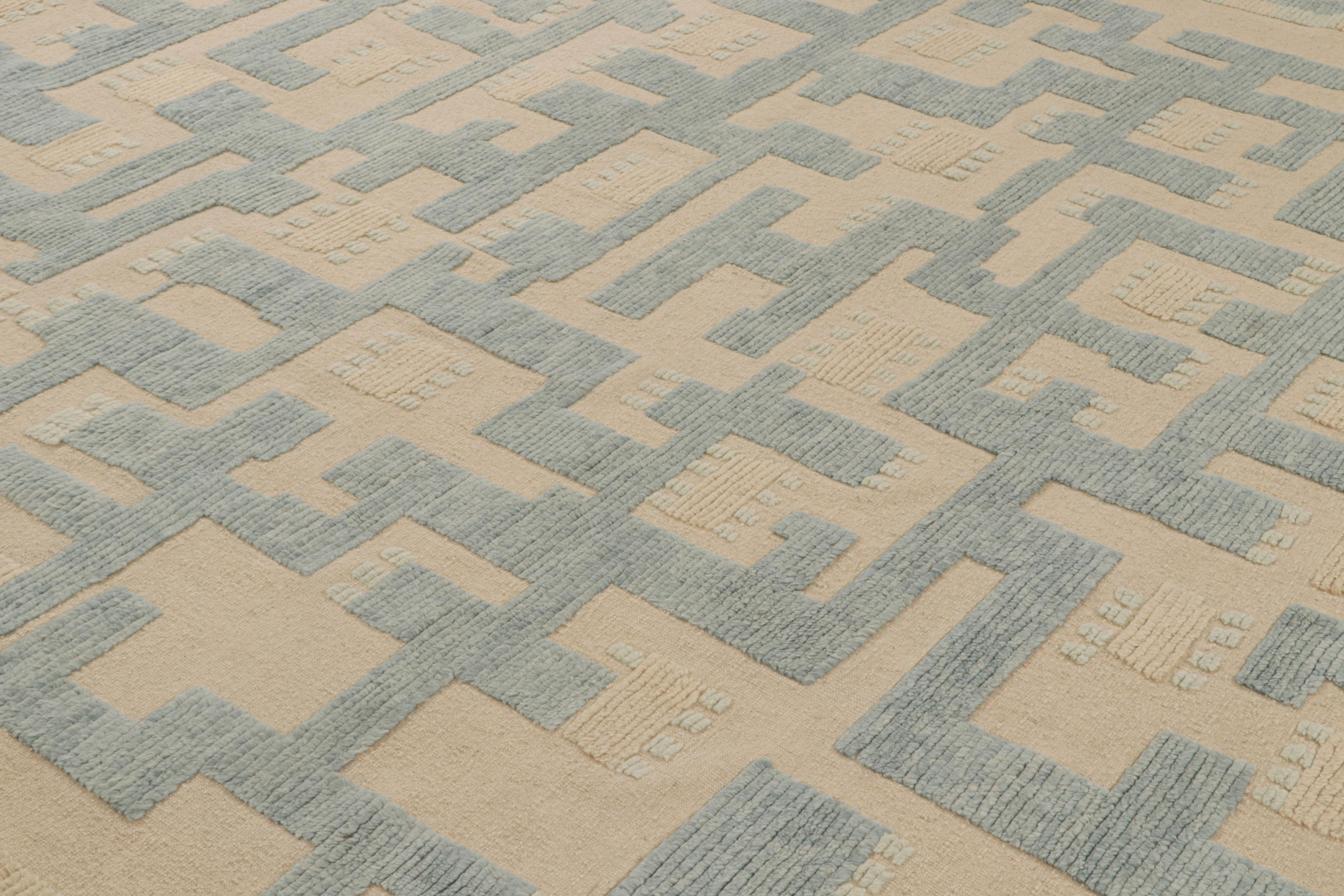 Indian Rug & Kilim’s Scandinavian Style Rug in Beige and Blue Geometric Pattern For Sale
