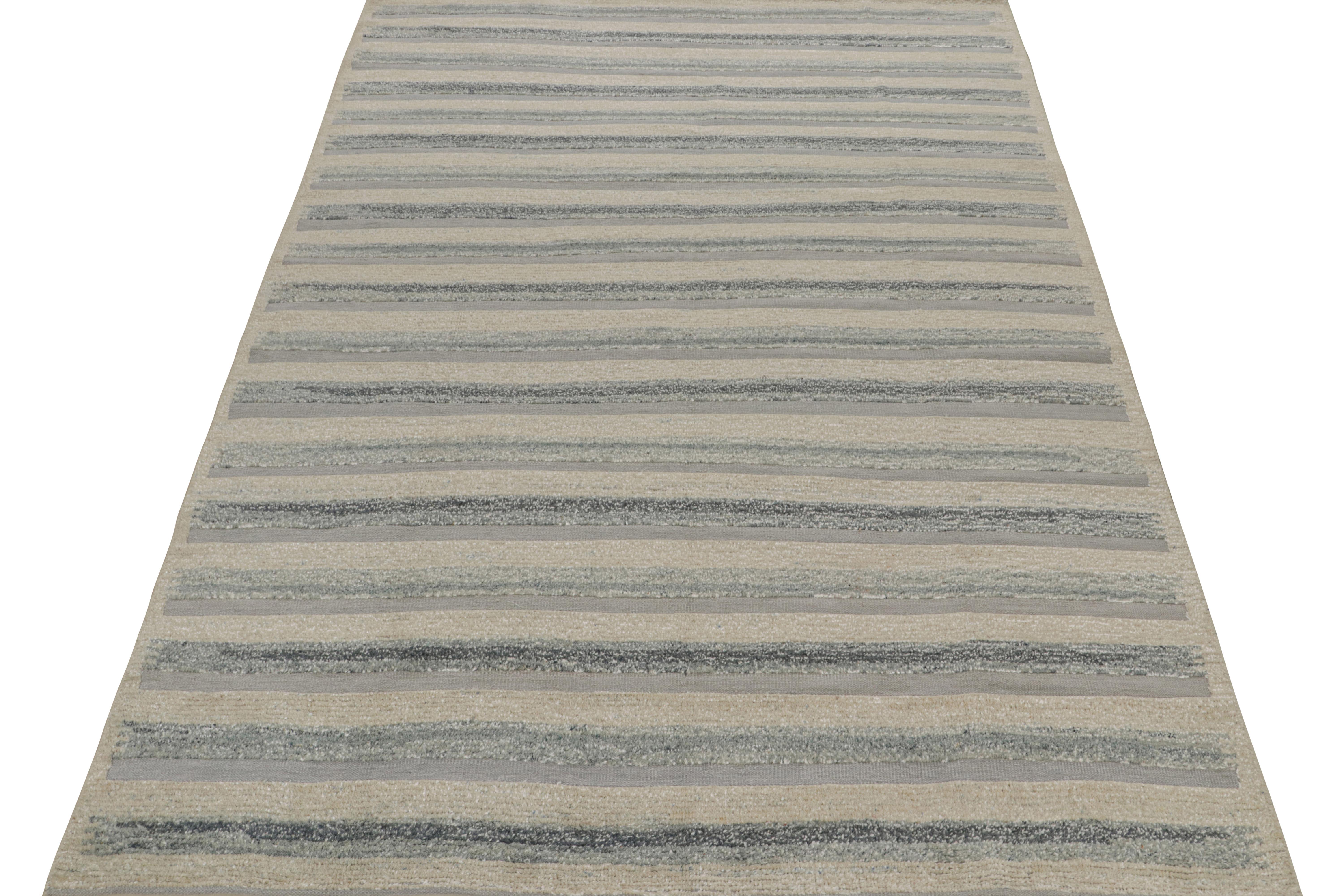 Modern Rug & Kilim’s Scandinavian Style Rug in Beige and Blue Stripes For Sale