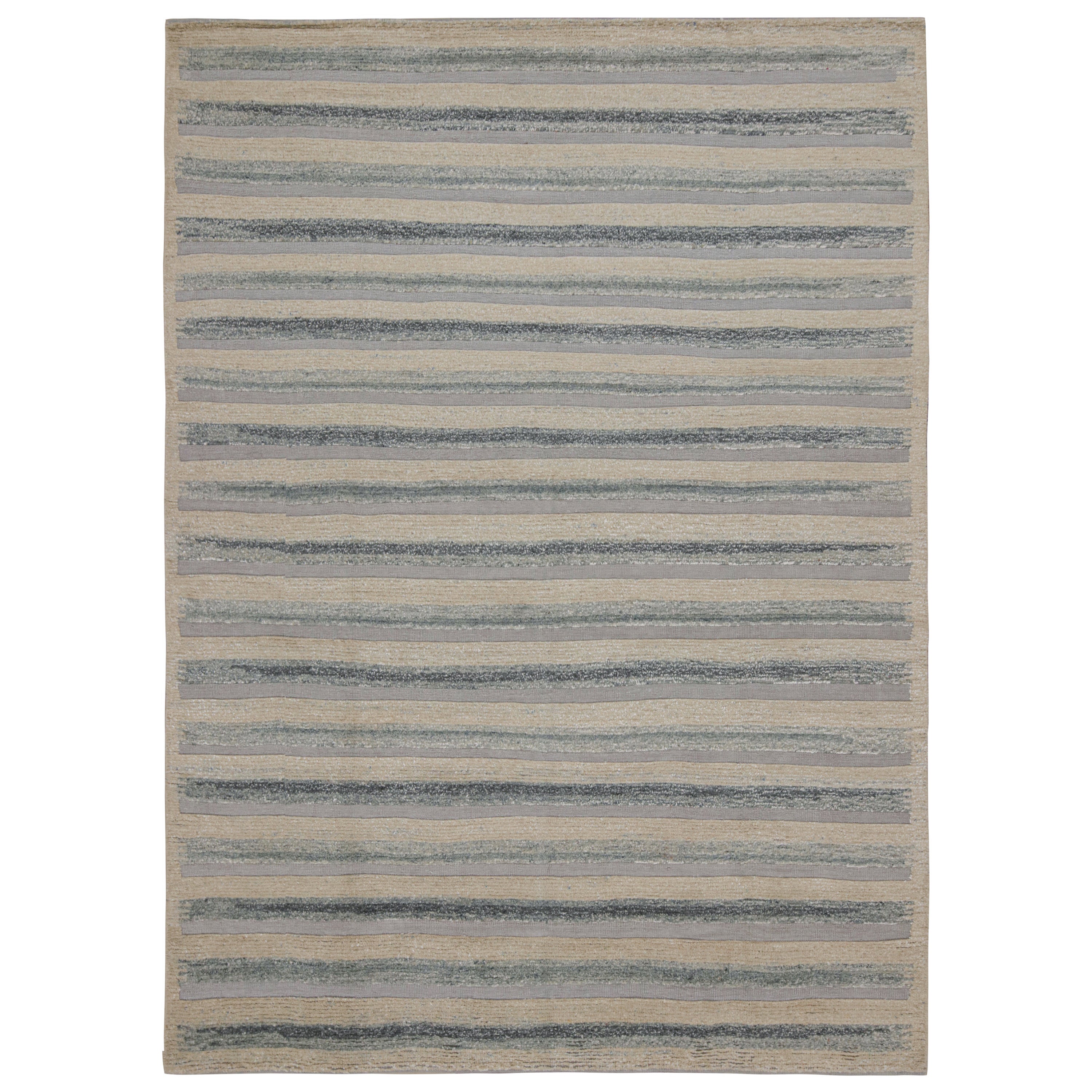 Rug & Kilim’s Scandinavian Style Rug in Beige and Blue Stripes For Sale