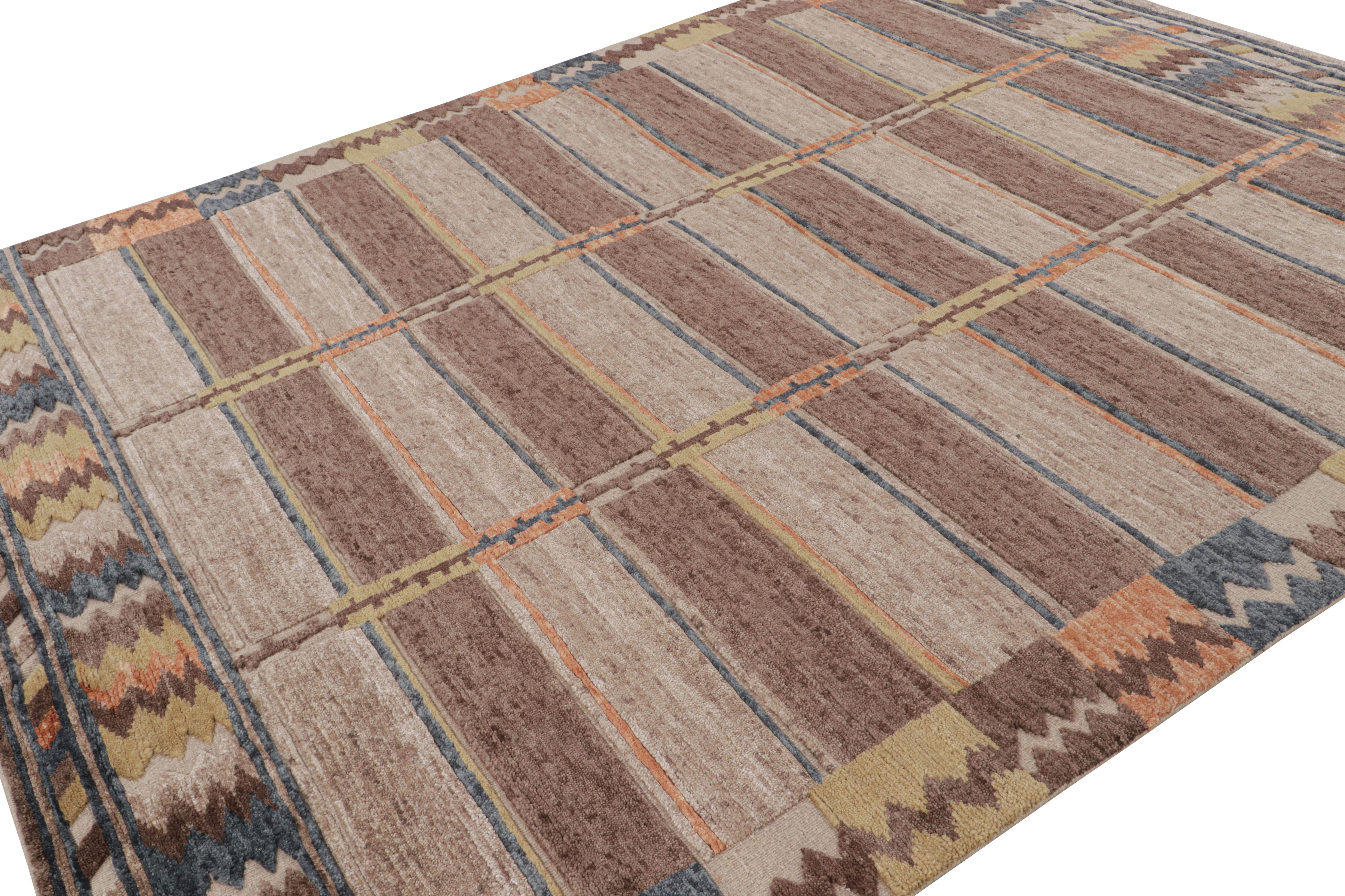 Hand-knotted in wool, this 8x10 Scandinavian rug is from Rug & Kilim’s “Scandinavian High” line. 

On the design: 

Admirers of the craft may admire the deft hand that marries the high-low textural element with the geometry—lends such a movement and