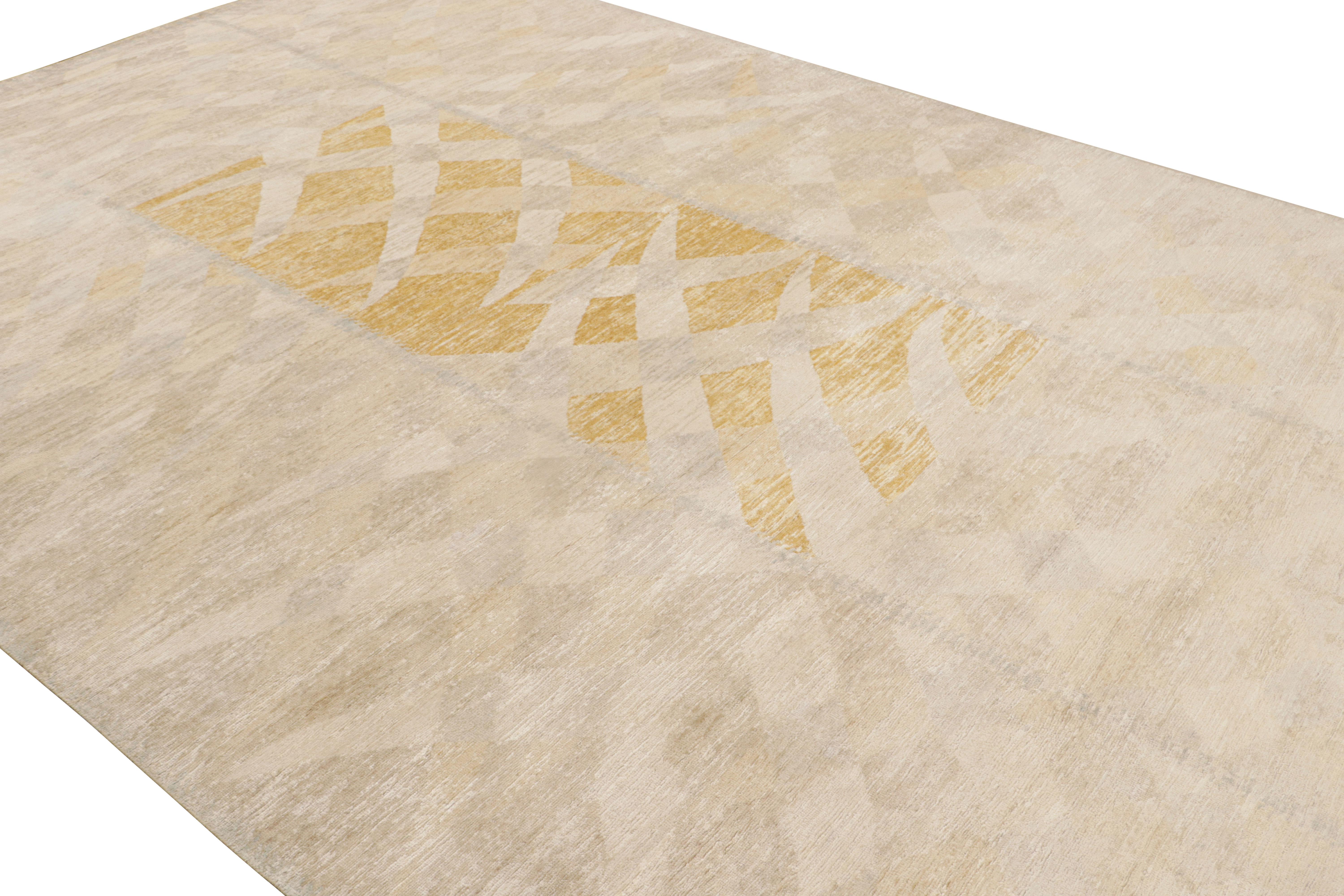 Hand-knotted in wool and silk, this 10x14 Scandinavian rug in beige, gray and gold, features geometric patterns inspired by the Swedish Minimalist style. 

On the design: 

Admirers of the craft may admire our Swedish rug with an exemplary blend of