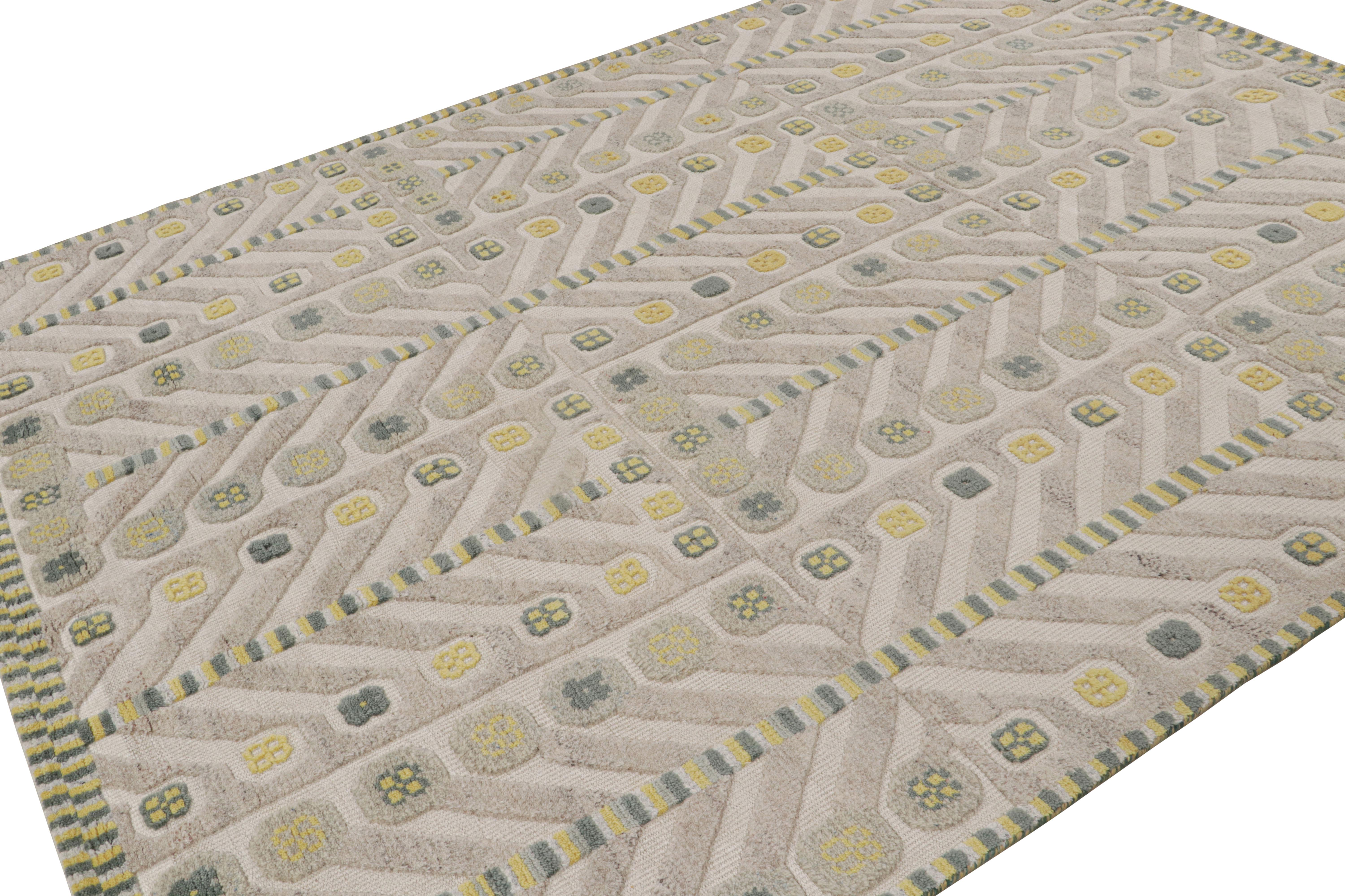 Hand-knotted in wool and cotton, this 7x10 Scandinavian kilim rug features geometric patterns in the Swedish minimalist-meets-mid-century modern look. 

On the design: 

Admirers of the craft may admire our exemplary balance of Swedish minimalist