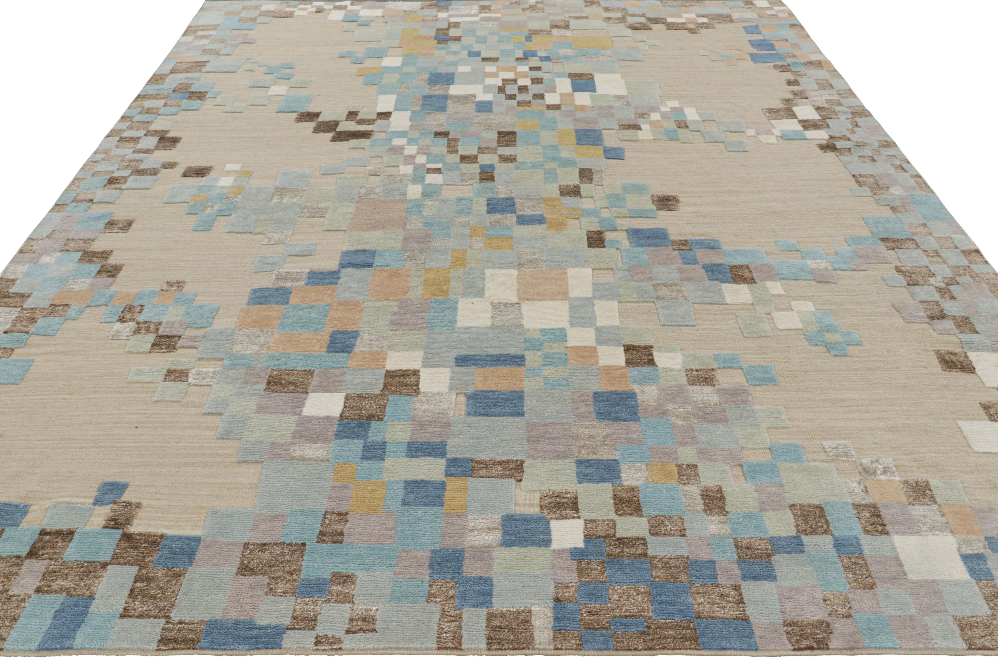 Indian Rug & Kilim’s Scandinavian Style Rug in Beige & Blue Abstract Geometric Patterns For Sale