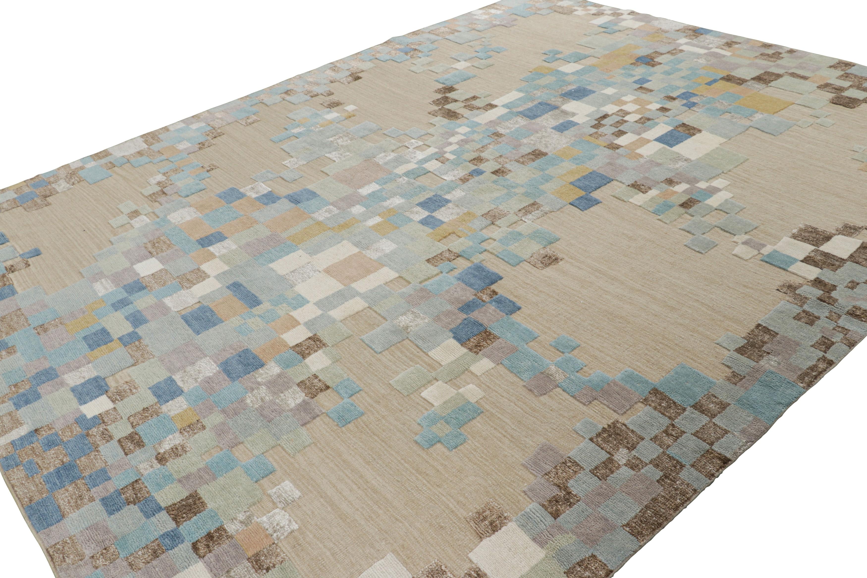Noué à la main Rug & Kilim's Scandinavian Style Rug in Beige & Blue Abstract Geometric Patterns (tapis de style scandinave à motifs géométriques abstraits) en vente