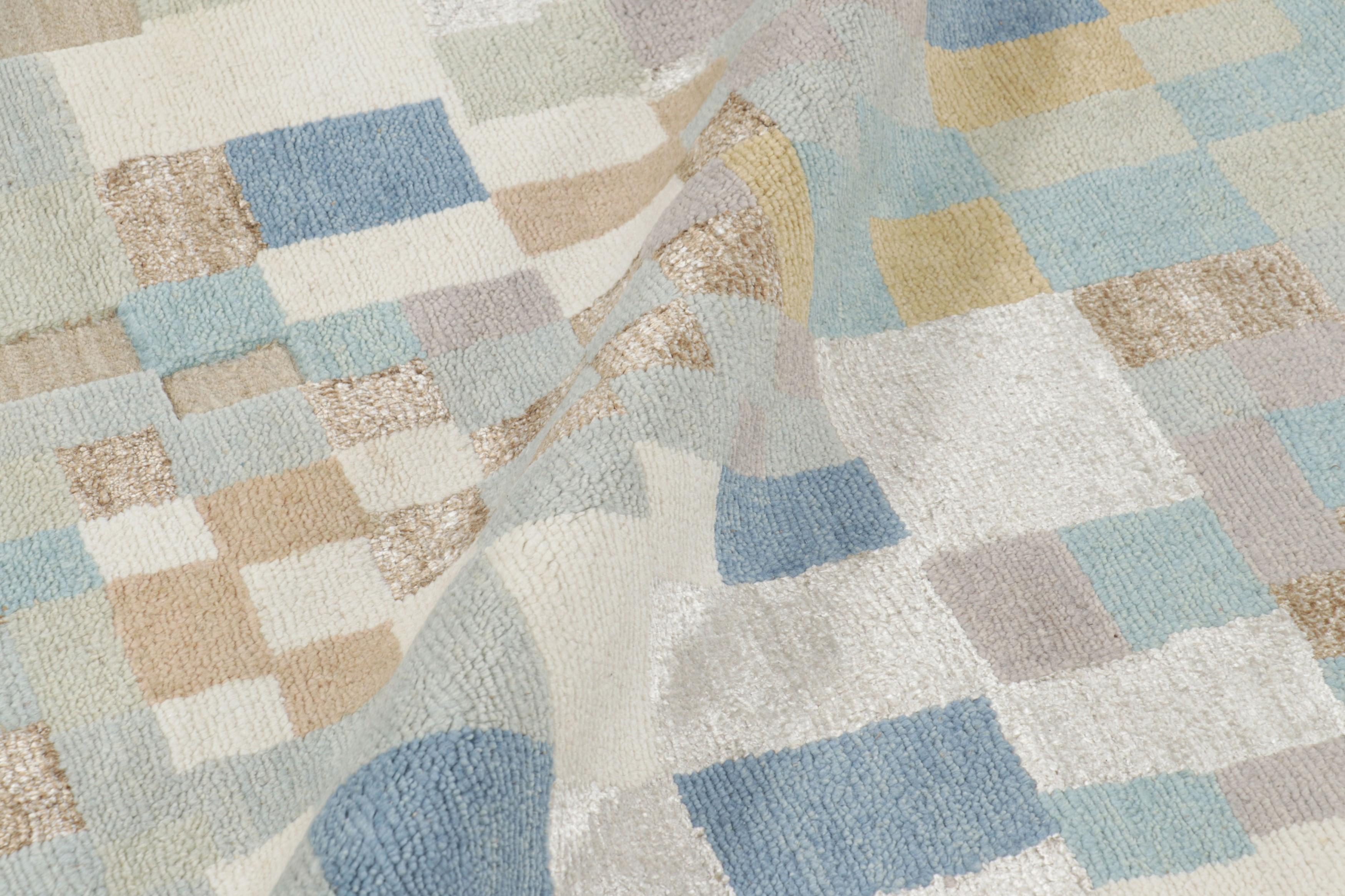 Contemporary Rug & Kilim’s Scandinavian Style Rug in Beige & Blue Abstract Geometric Patterns For Sale