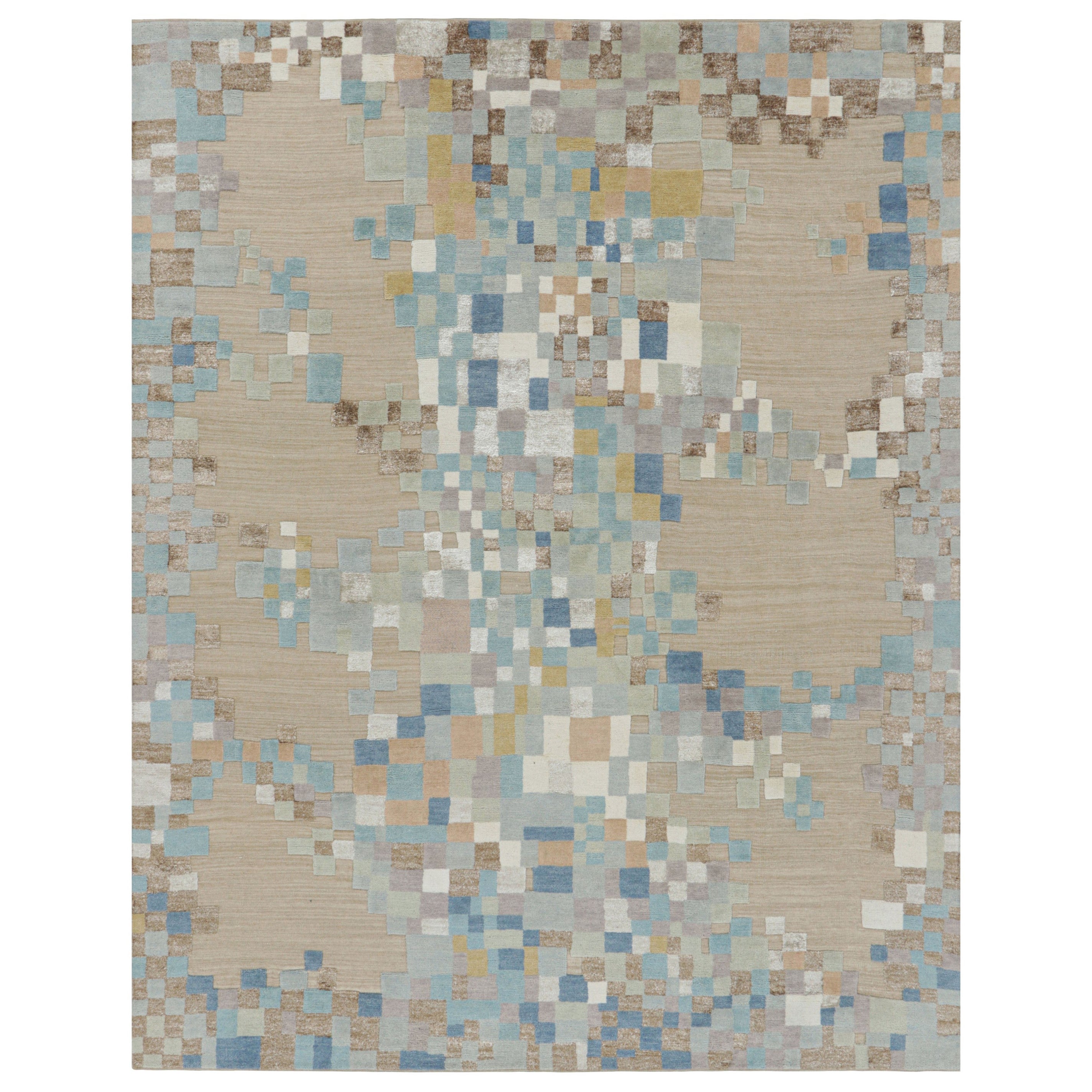 Rug & Kilim’s Scandinavian Style Rug in Beige & Blue Abstract Geometric Patterns For Sale