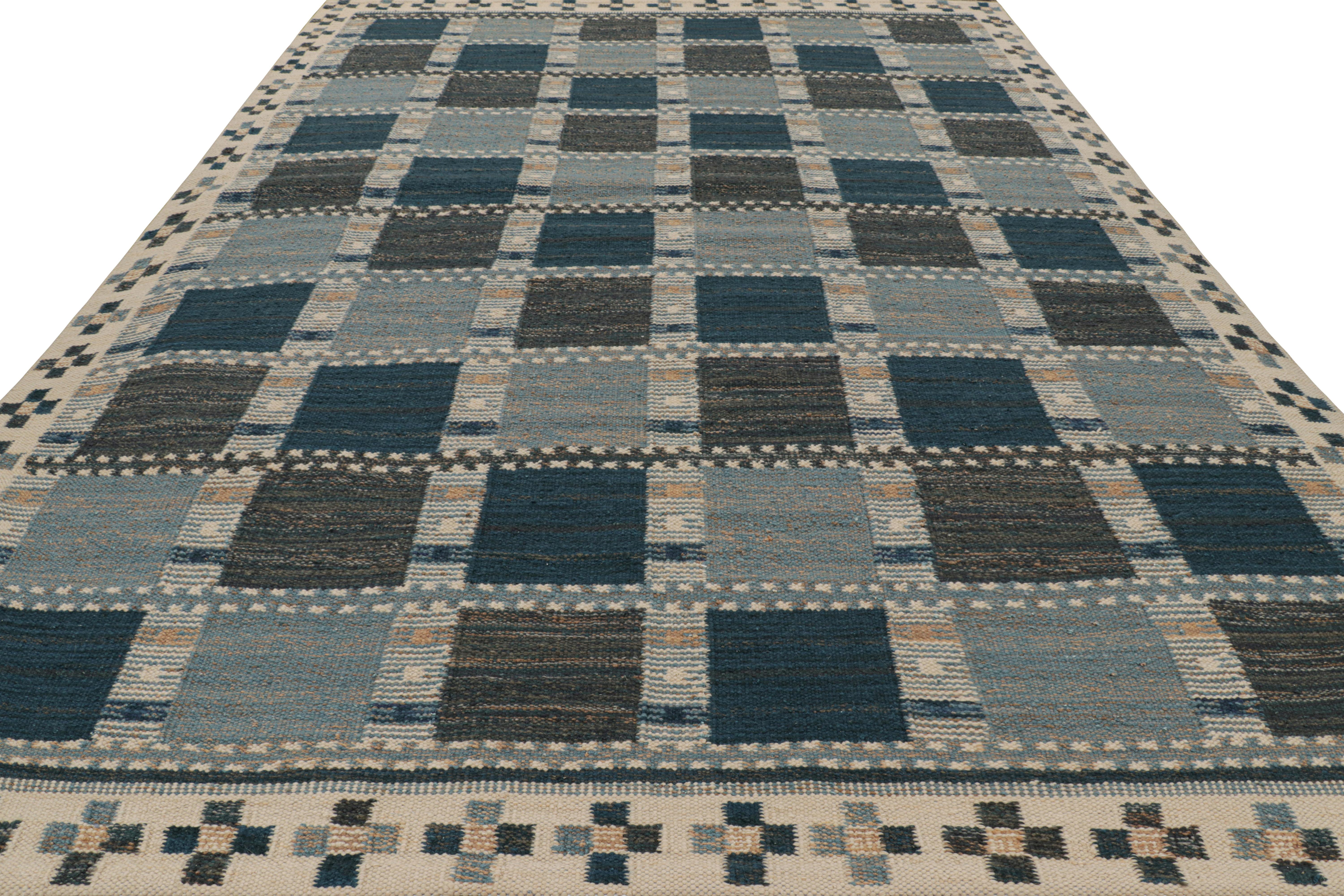 Indian Rug & Kilim’s Scandinavian Style Rug in Beige & Blue with Geometric Patterns For Sale