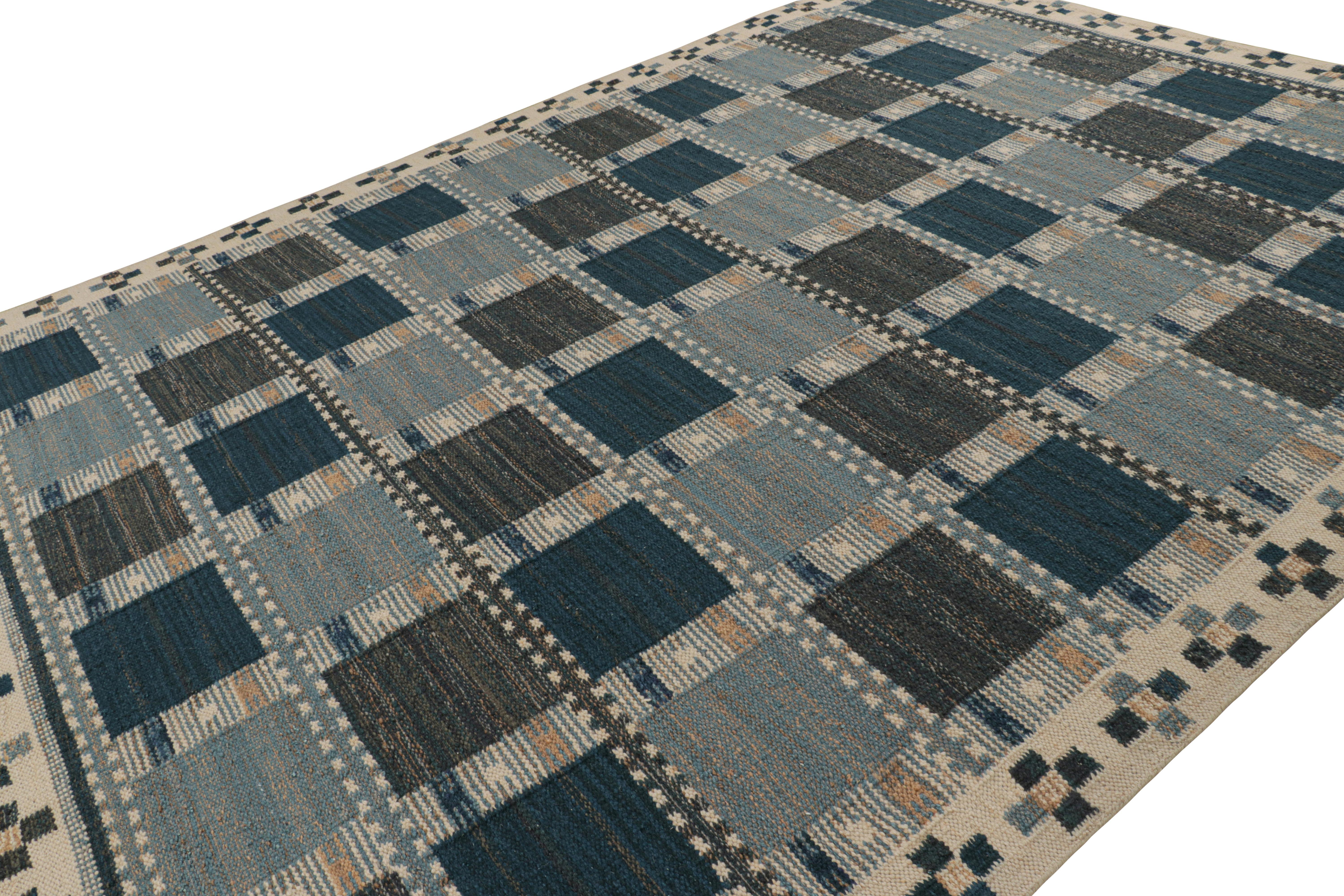 Hand-Woven Rug & Kilim’s Scandinavian Style Rug in Beige & Blue with Geometric Patterns For Sale