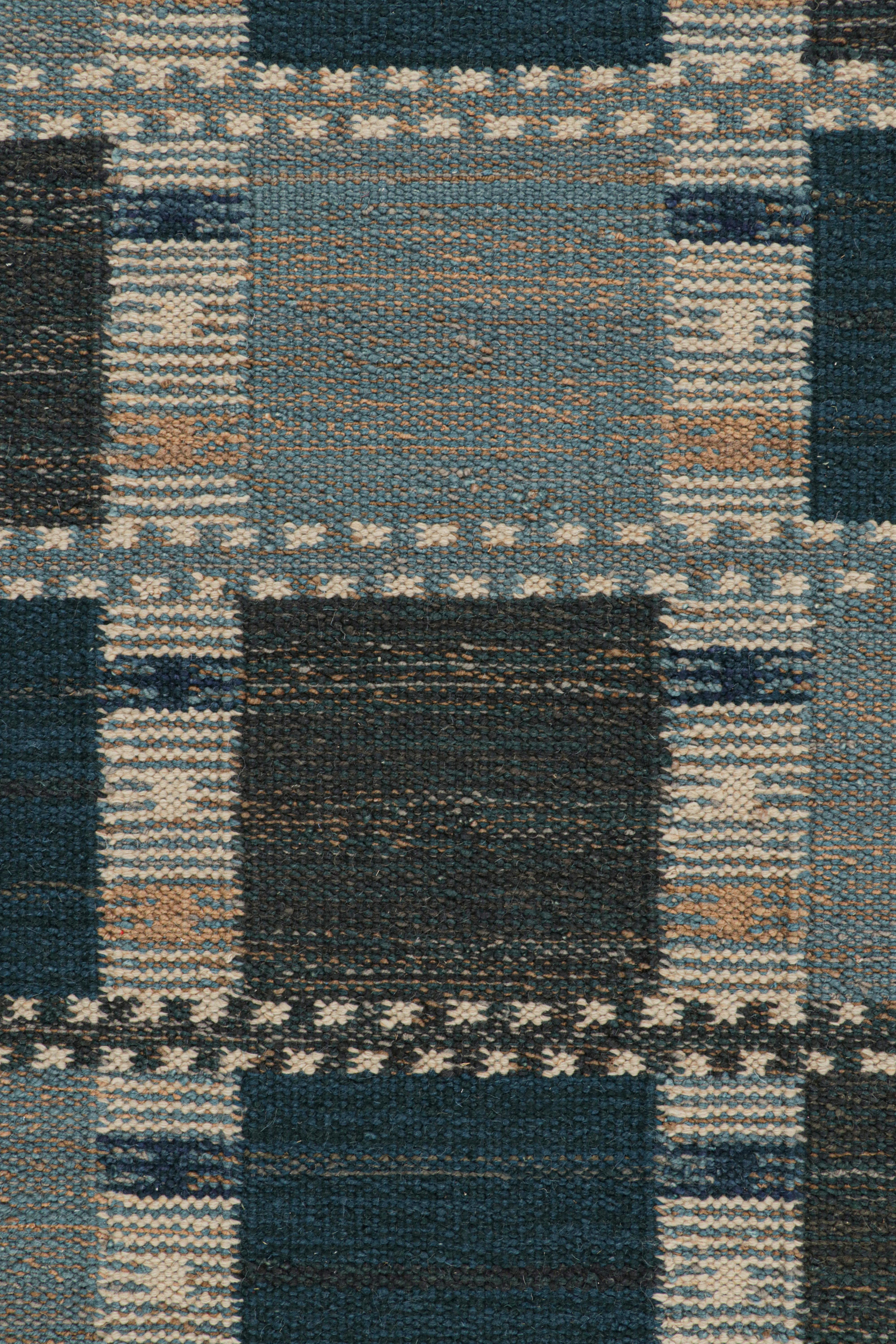 Contemporary Rug & Kilim’s Scandinavian Style Rug in Beige & Blue with Geometric Patterns For Sale