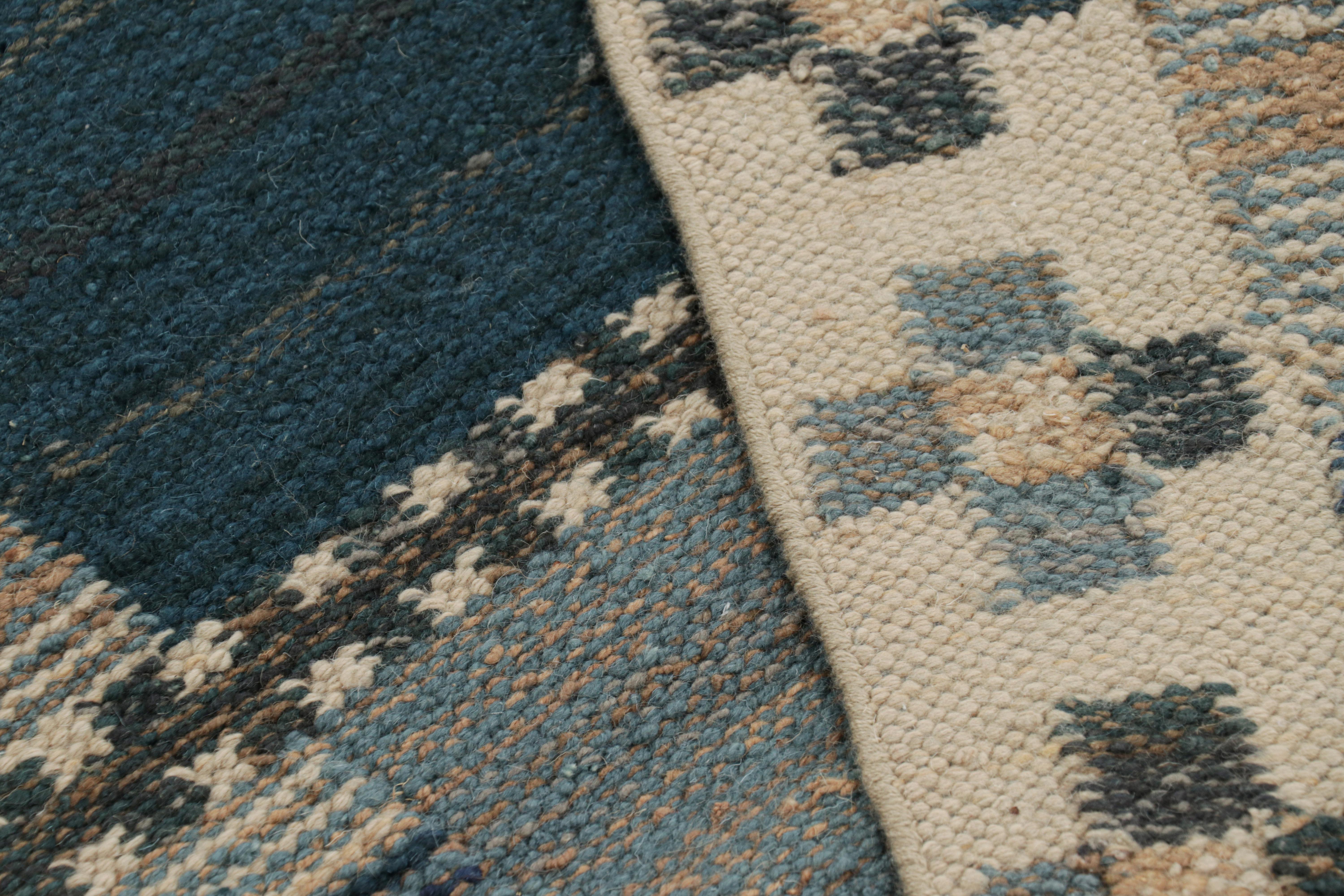 Wool Rug & Kilim’s Scandinavian Style Rug in Beige & Blue with Geometric Patterns For Sale