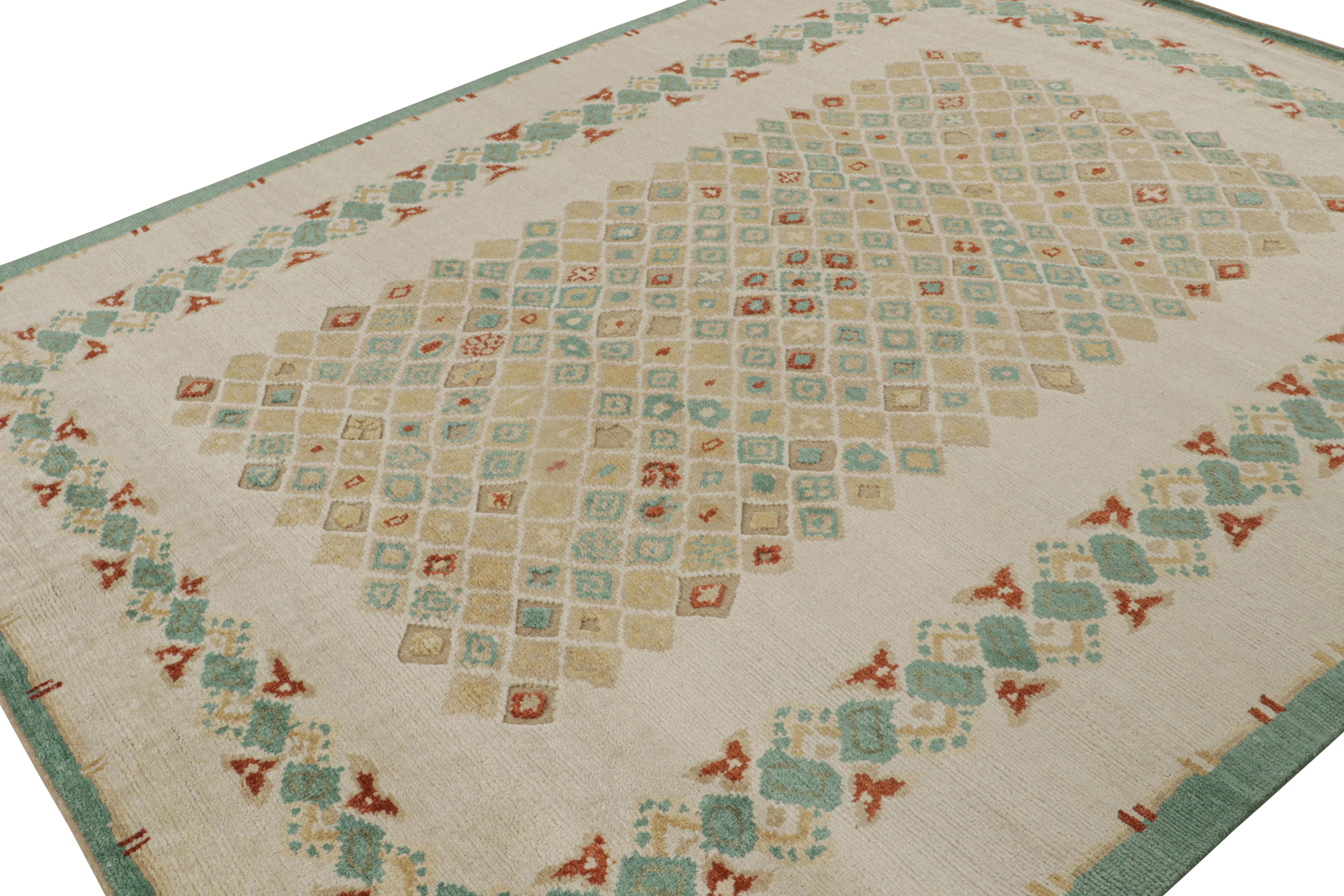 Dieser 8x10 große moderne Teppich aus handgeknüpfter Wolle stammt aus der Kollektion French Art Deco Rug von Rug & Kilim - eine zeitgenössische Neuinterpretation von Stücken aus dem Frankreich der 1920er Jahre.

Über das Design: 

Der Teppich zeigt