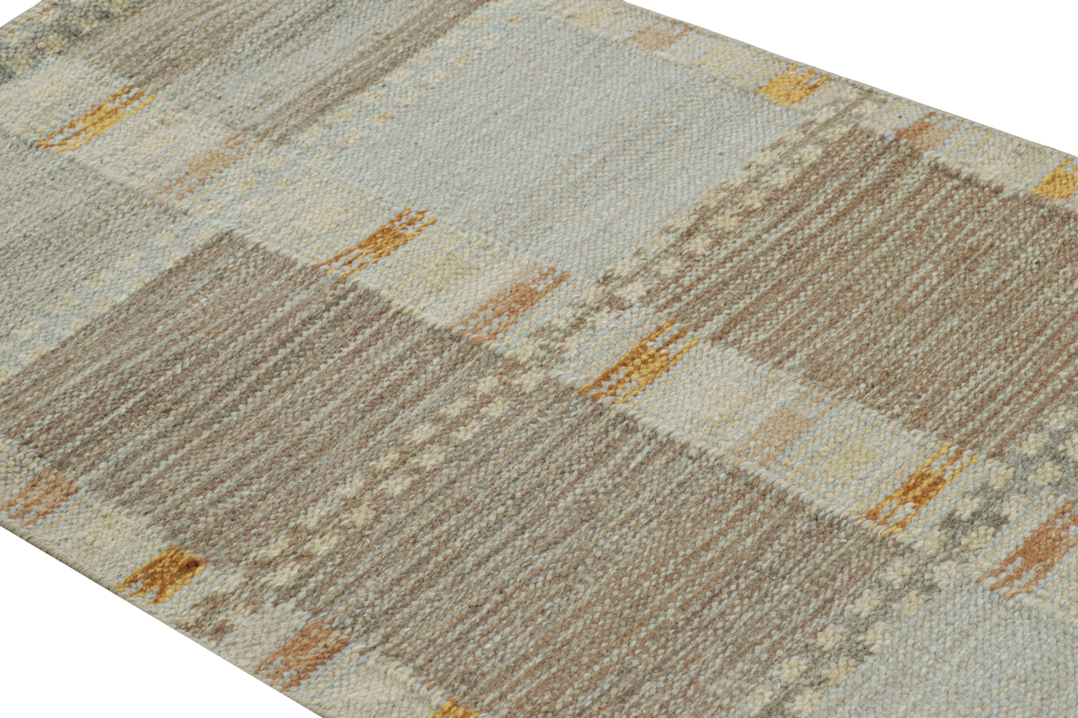 This 3x5 rug represents flatweaves in the award-winning Scandinavian rug collection  Rug & Kilim. Handwoven in wool, its design features geometric patterns and stripes in gray, blue, cream and beige/brown tones in fine Swedish Modernist style.

On