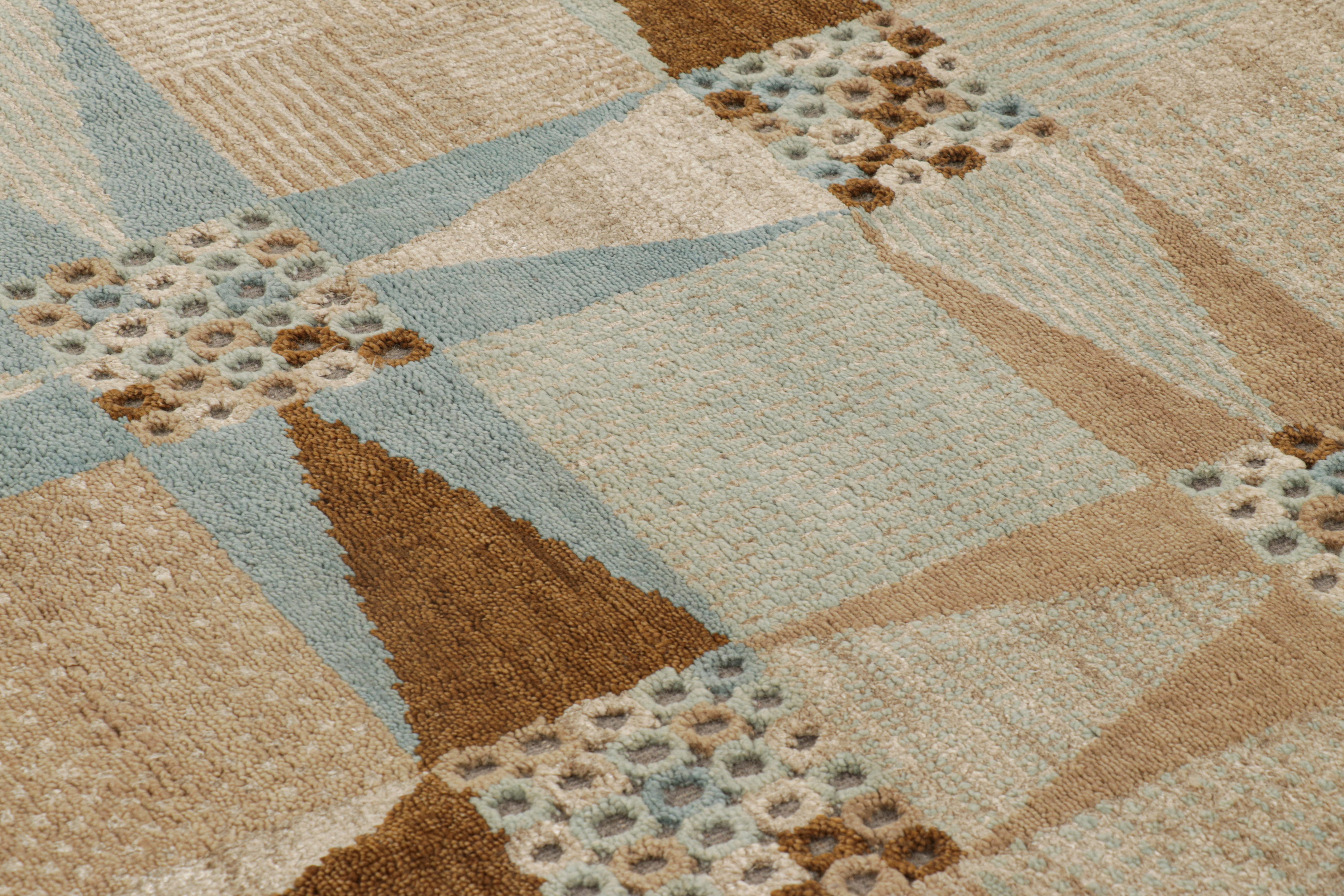 Modern Rug & Kilim’s Scandinavian Style Rug in Beige-Brown and Blue Geometric Patterns For Sale