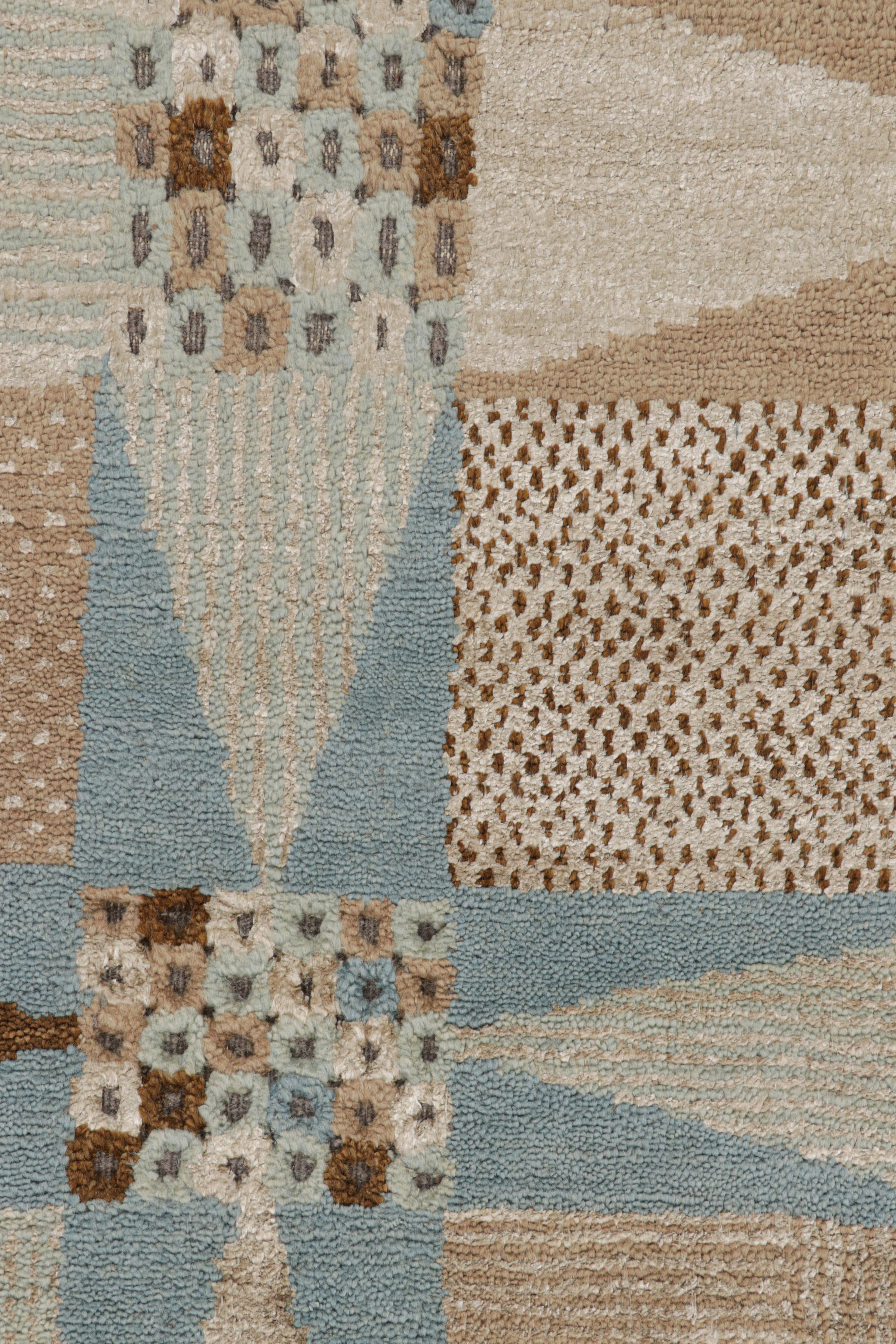 Modern Rug & Kilim’s Scandinavian Style Rug in Beige-Brown and Blue Geometric Patterns For Sale