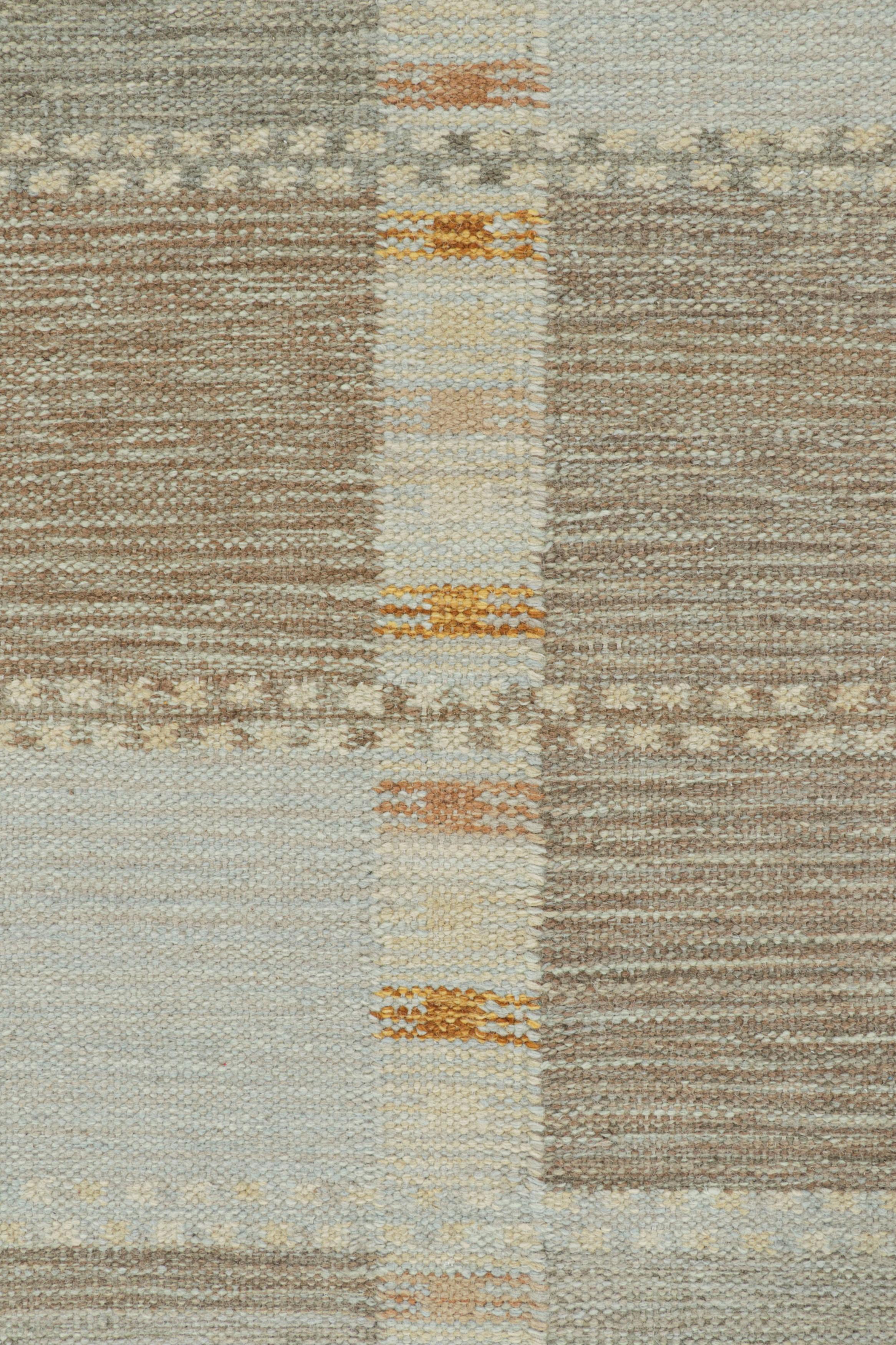 Modern Rug & Kilim's Scandinavian Style Rug in Beige-Brown and Blue Geometric Patterns For Sale