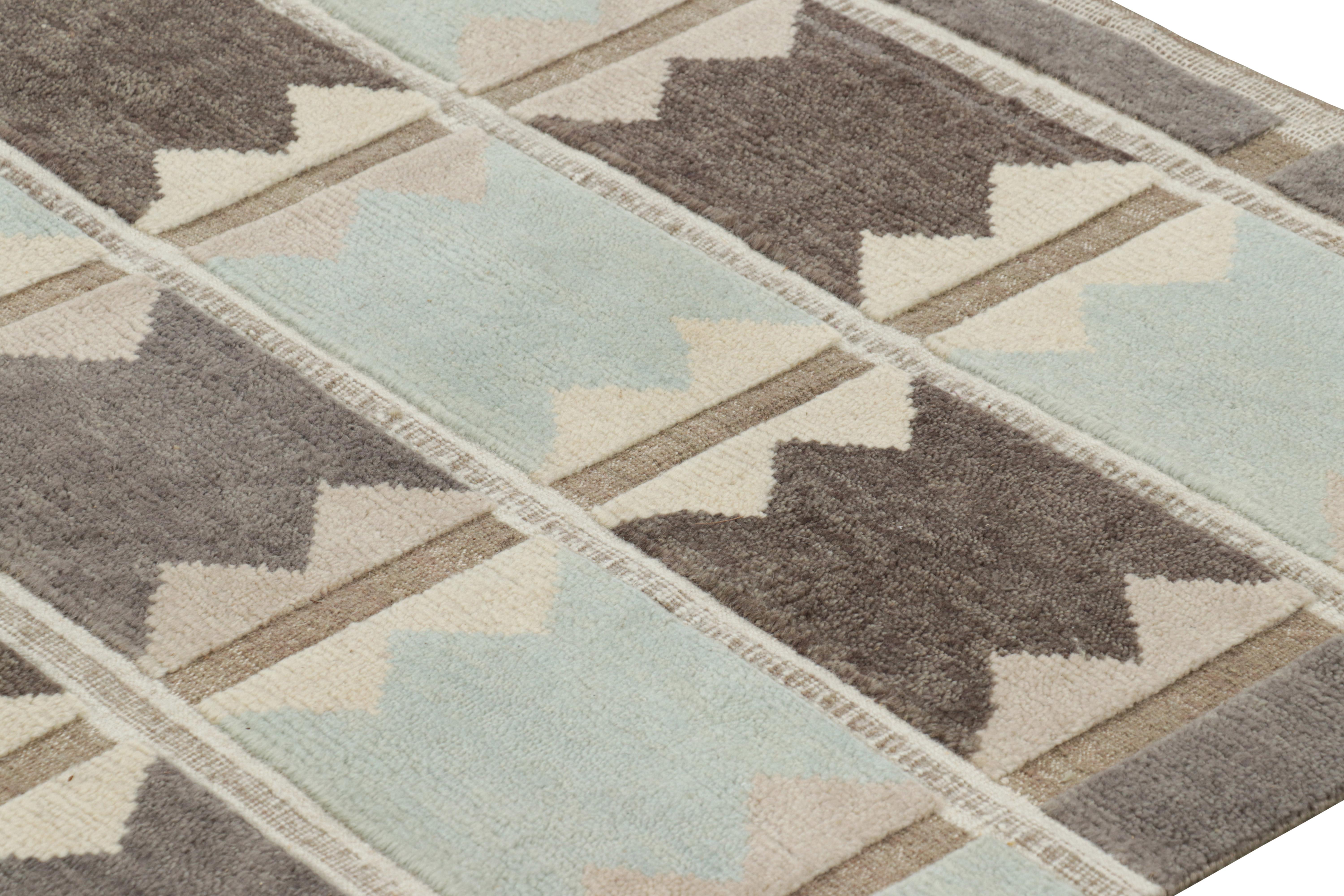 Modern Rug & Kilim’s Scandinavian Style Rug in Beige-Brown and Blue Geometric Patterns For Sale