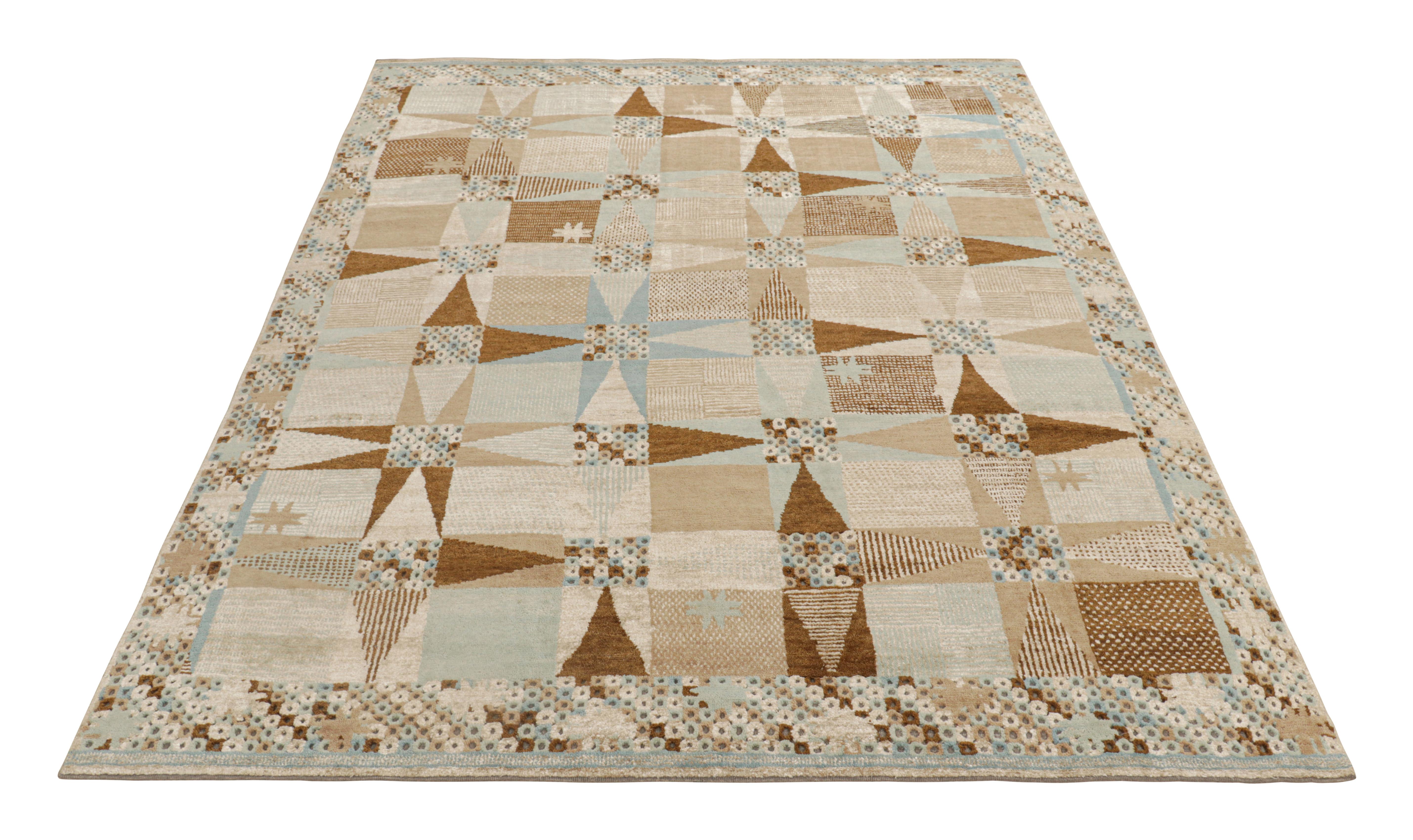 Indian Rug & Kilim’s Scandinavian Style Rug in Beige-Brown and Blue Geometric Patterns For Sale