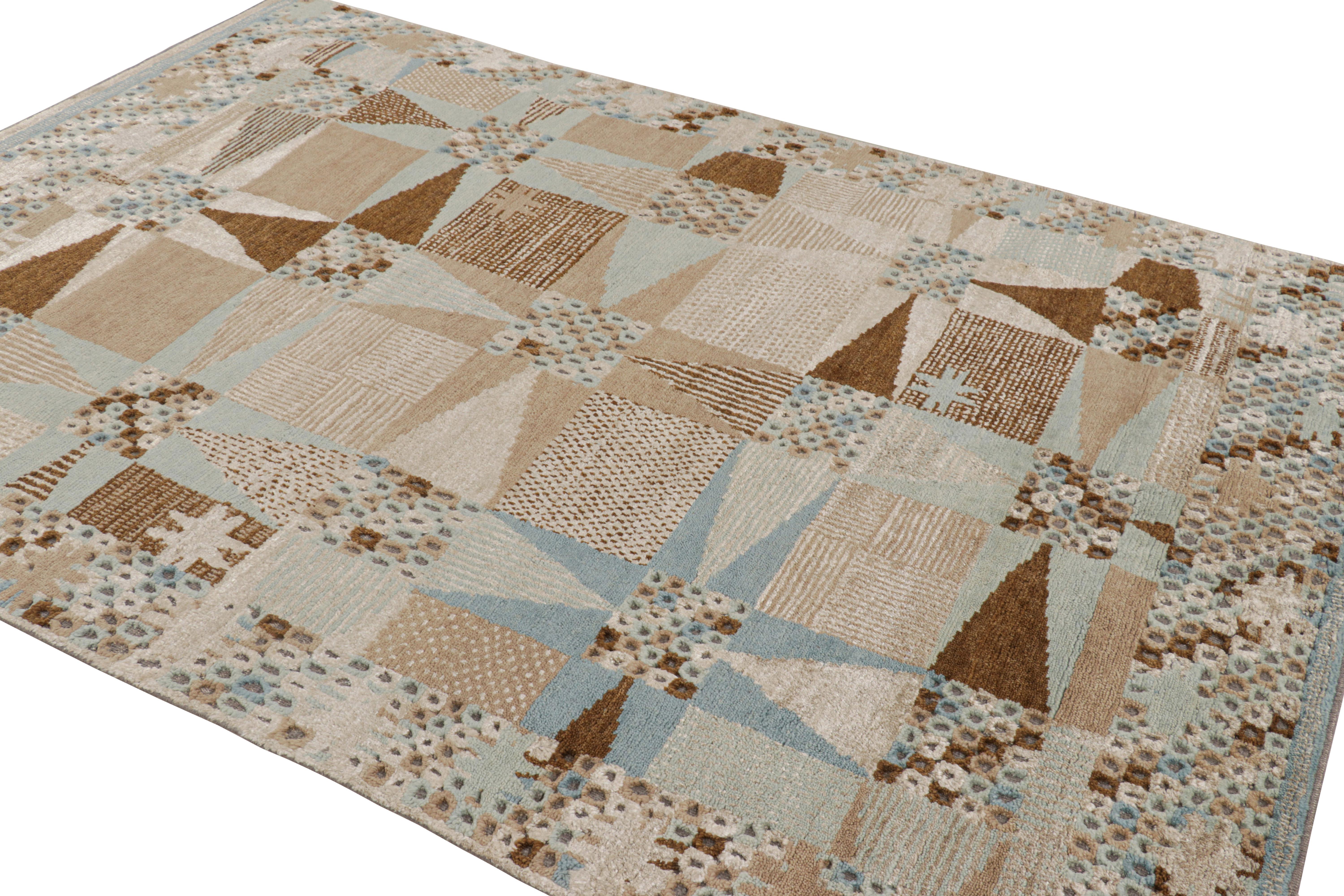 Indian Rug & Kilim’s Scandinavian Style Rug in Beige-Brown and Blue Geometric Patterns For Sale