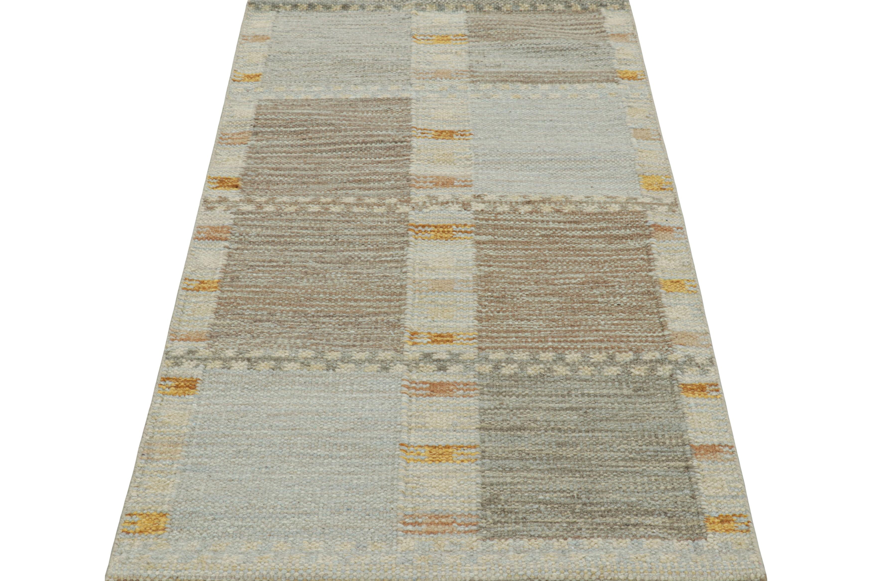 Indian Rug & Kilim's Scandinavian Style Rug in Beige-Brown and Blue Geometric Patterns For Sale
