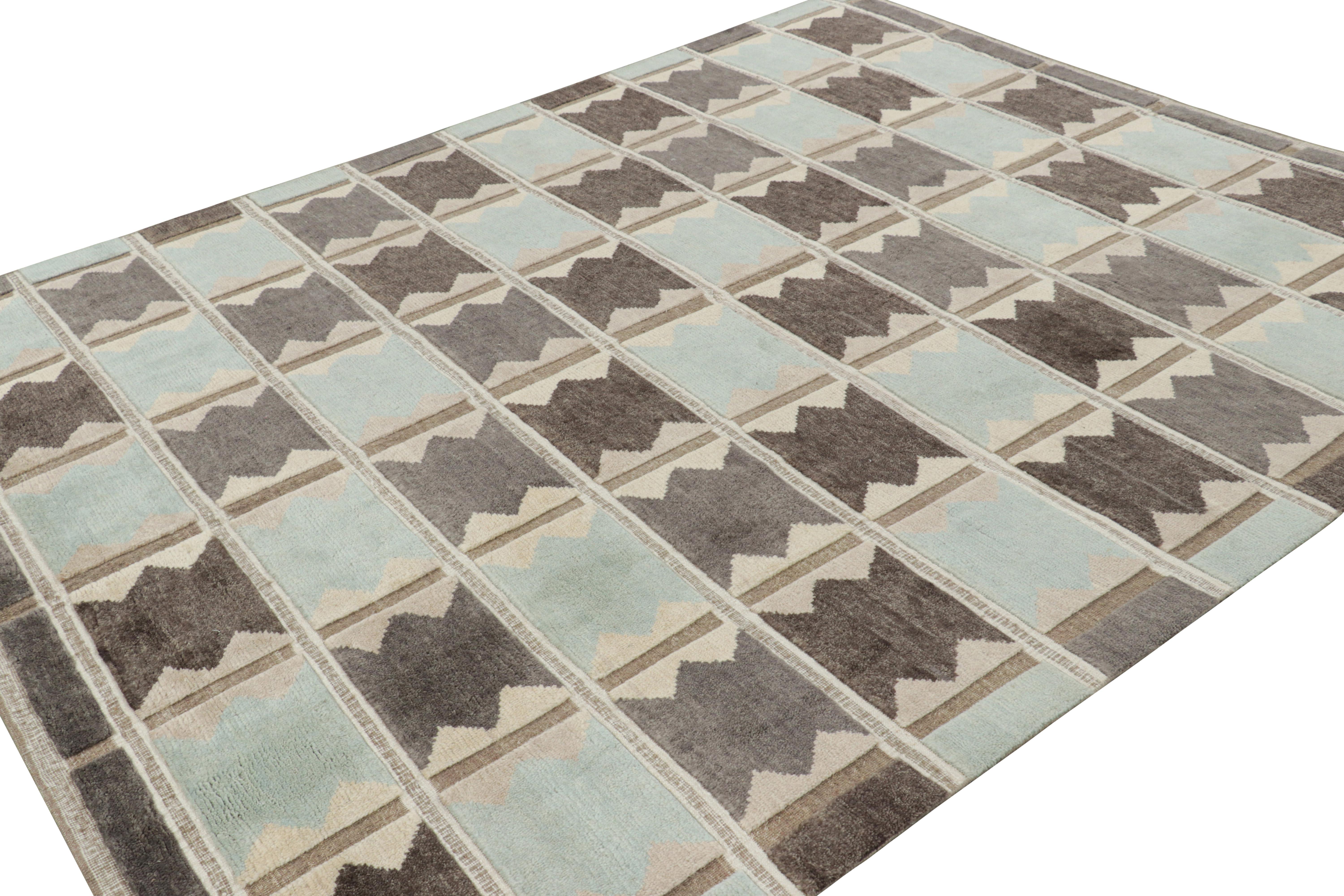 Indian Rug & Kilim’s Scandinavian Style Rug in Beige-Brown and Blue Geometric Patterns For Sale