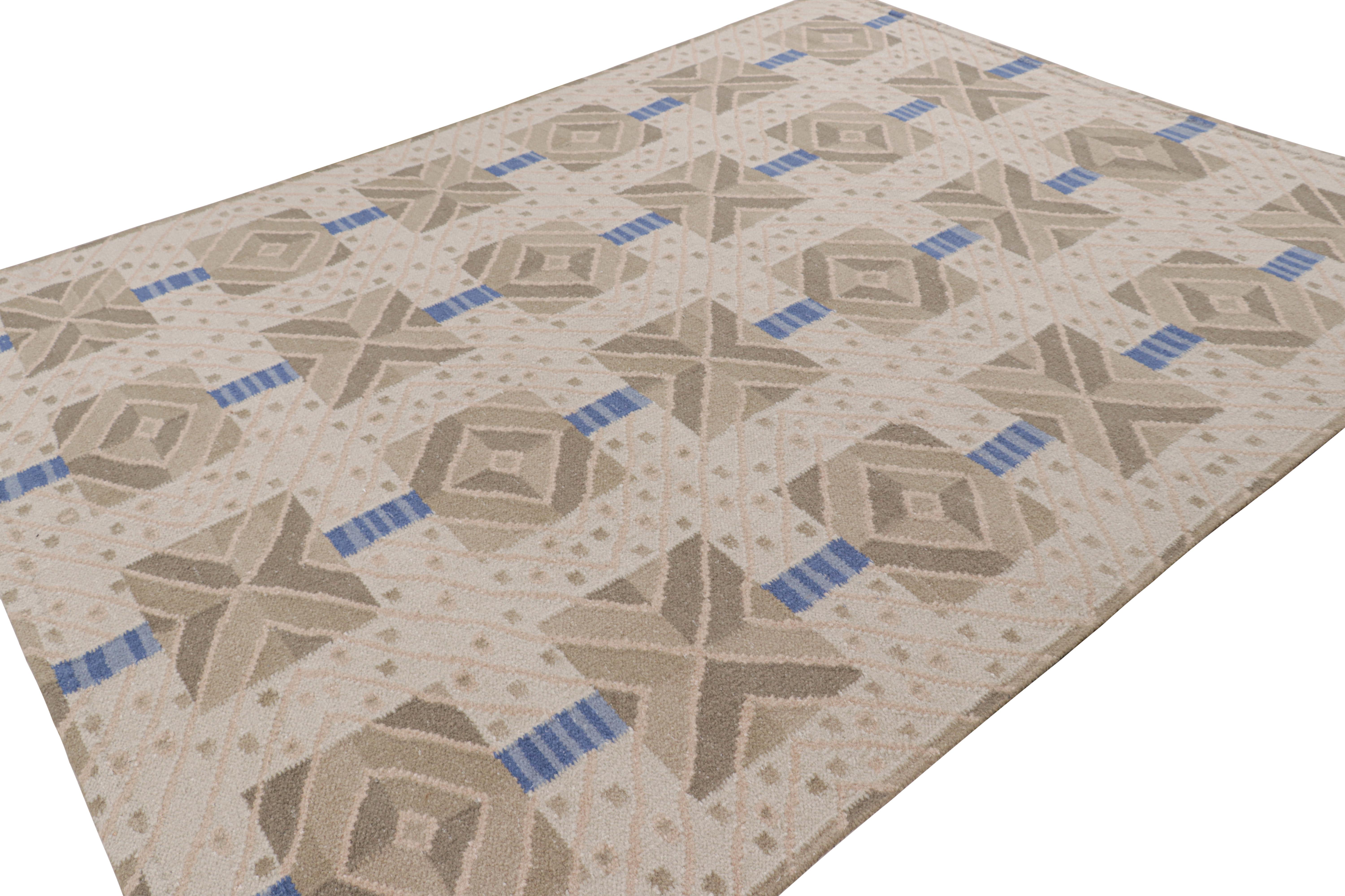Tissé à la main Tapis de style scandinave à motifs géométriques beige-brun et bleu de Rug & Kilim en vente