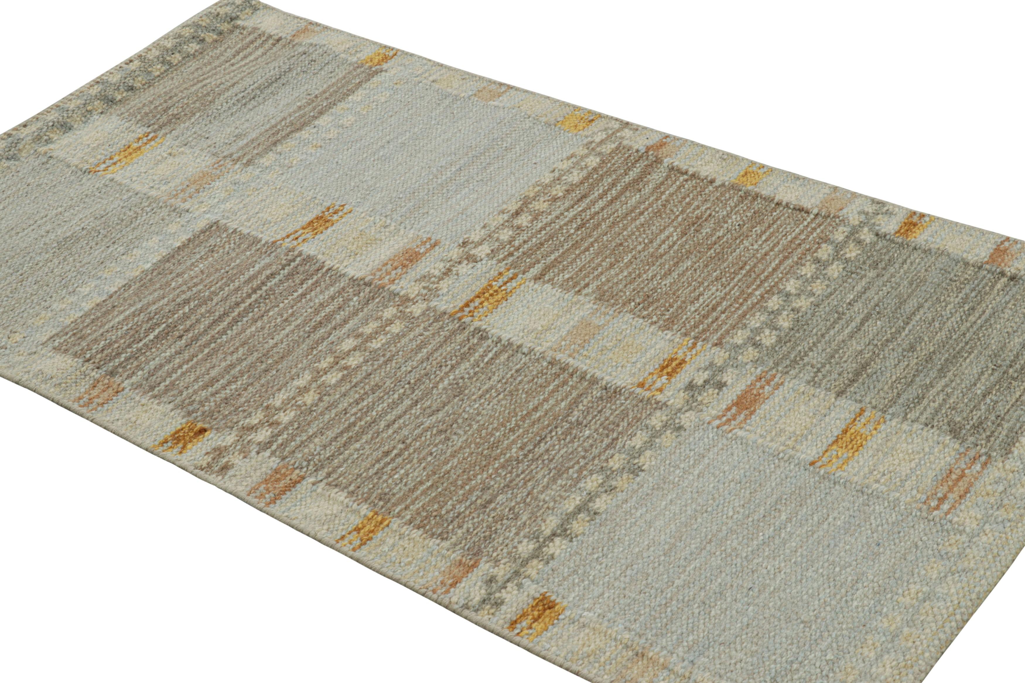Hand-Woven Rug & Kilim's Scandinavian Style Rug in Beige-Brown and Blue Geometric Patterns For Sale