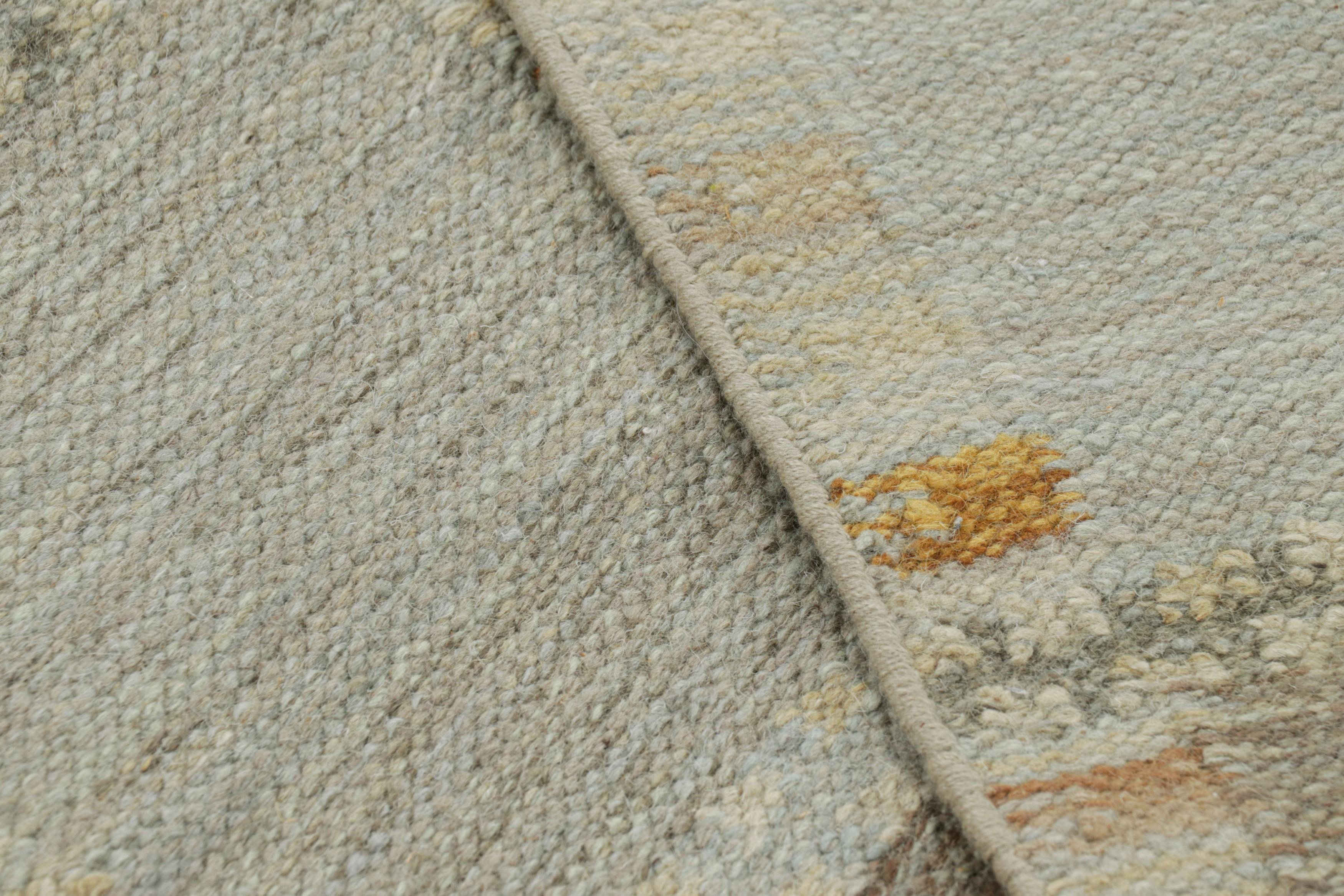 Contemporary Rug & Kilim's Scandinavian Style Rug in Beige-Brown and Blue Geometric Patterns For Sale