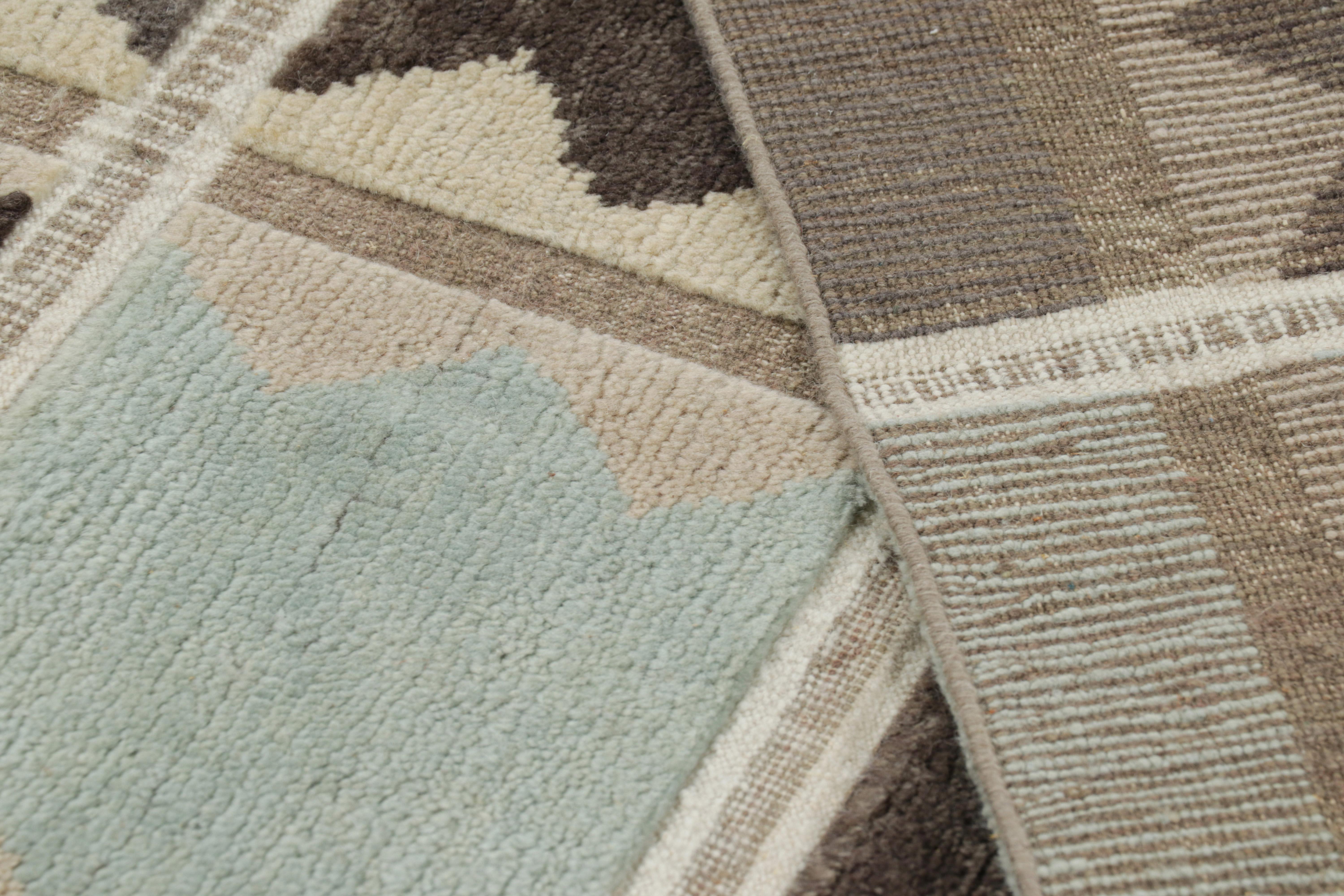 Contemporary Rug & Kilim’s Scandinavian Style Rug in Beige-Brown and Blue Geometric Patterns For Sale