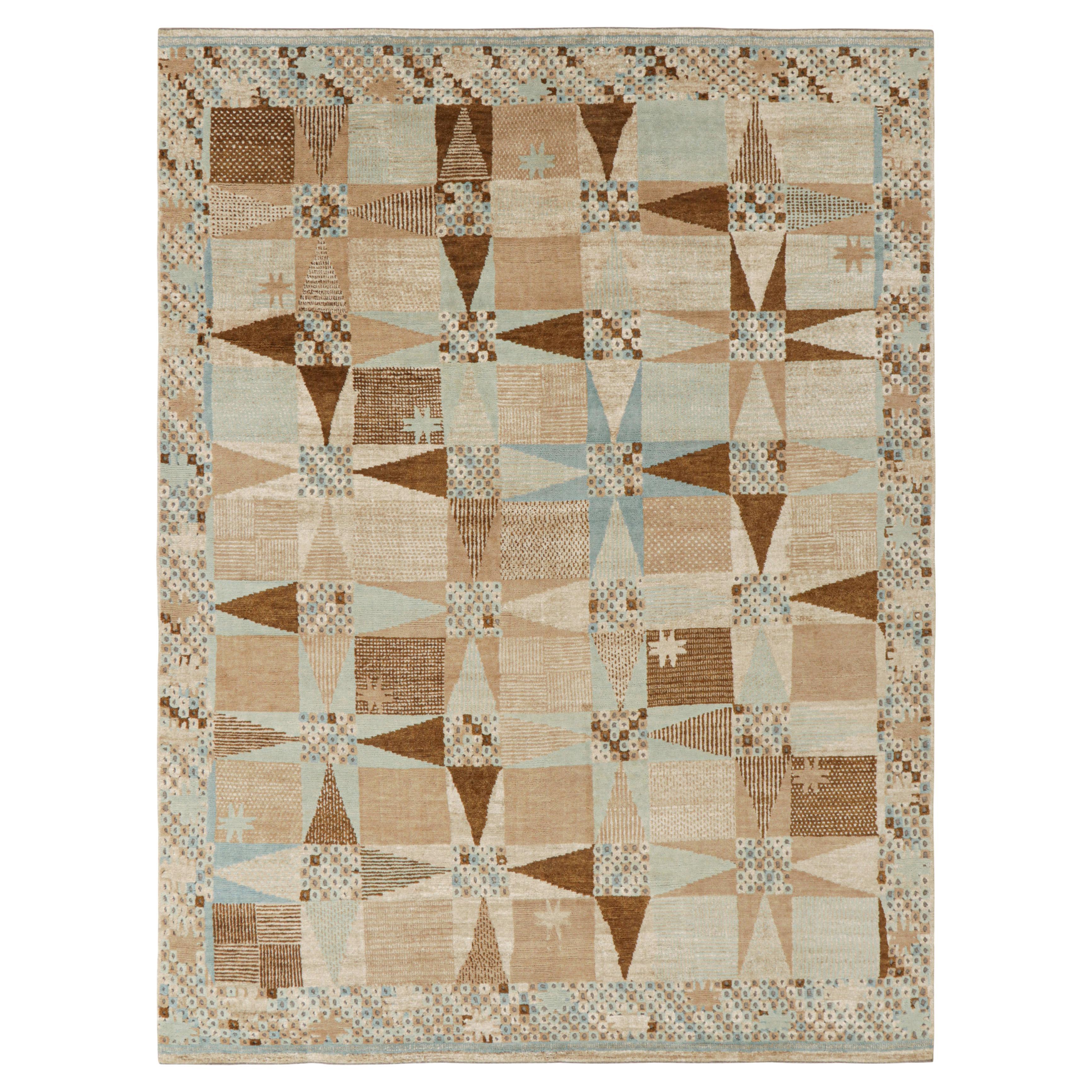 Rug & Kilim’s Scandinavian Style Rug in Beige-Brown and Blue Geometric Patterns For Sale