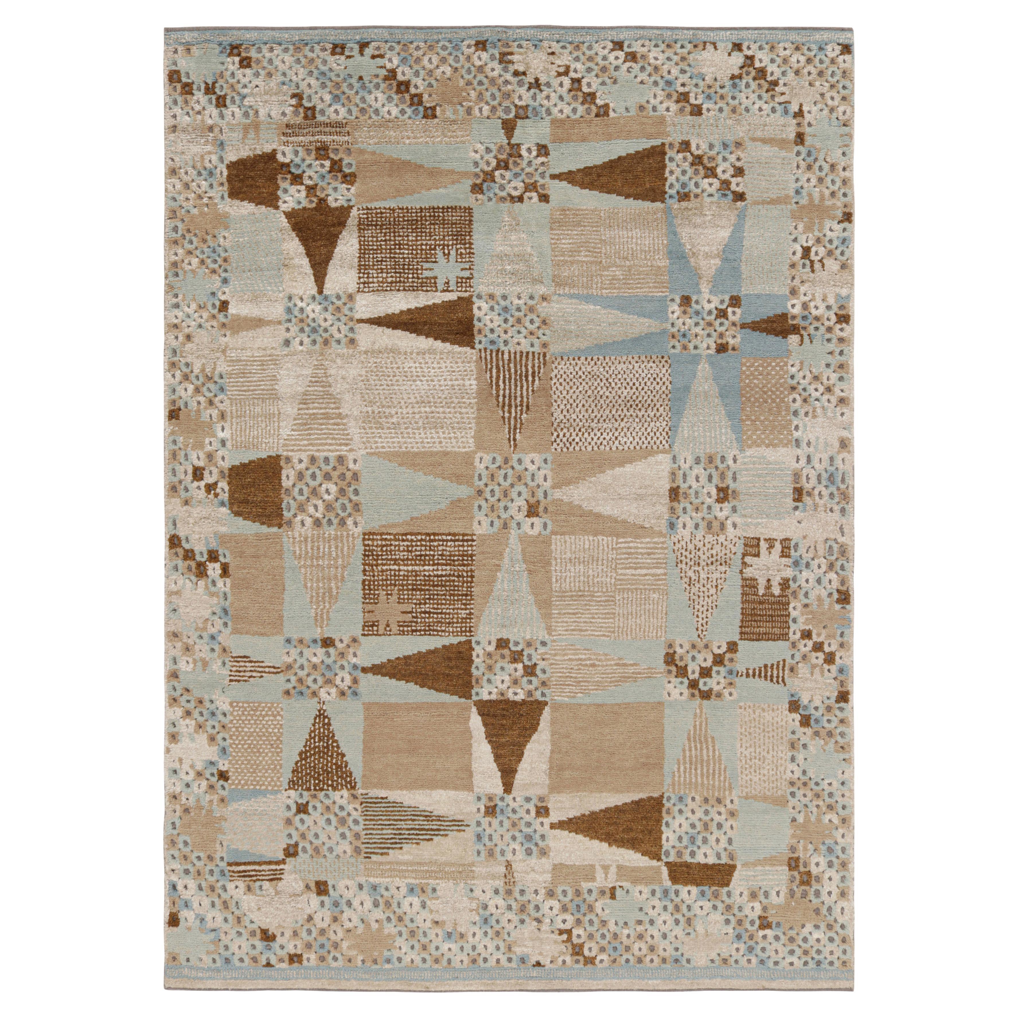 Rug & Kilim’s Scandinavian Style Rug in Beige-Brown and Blue Geometric Patterns For Sale