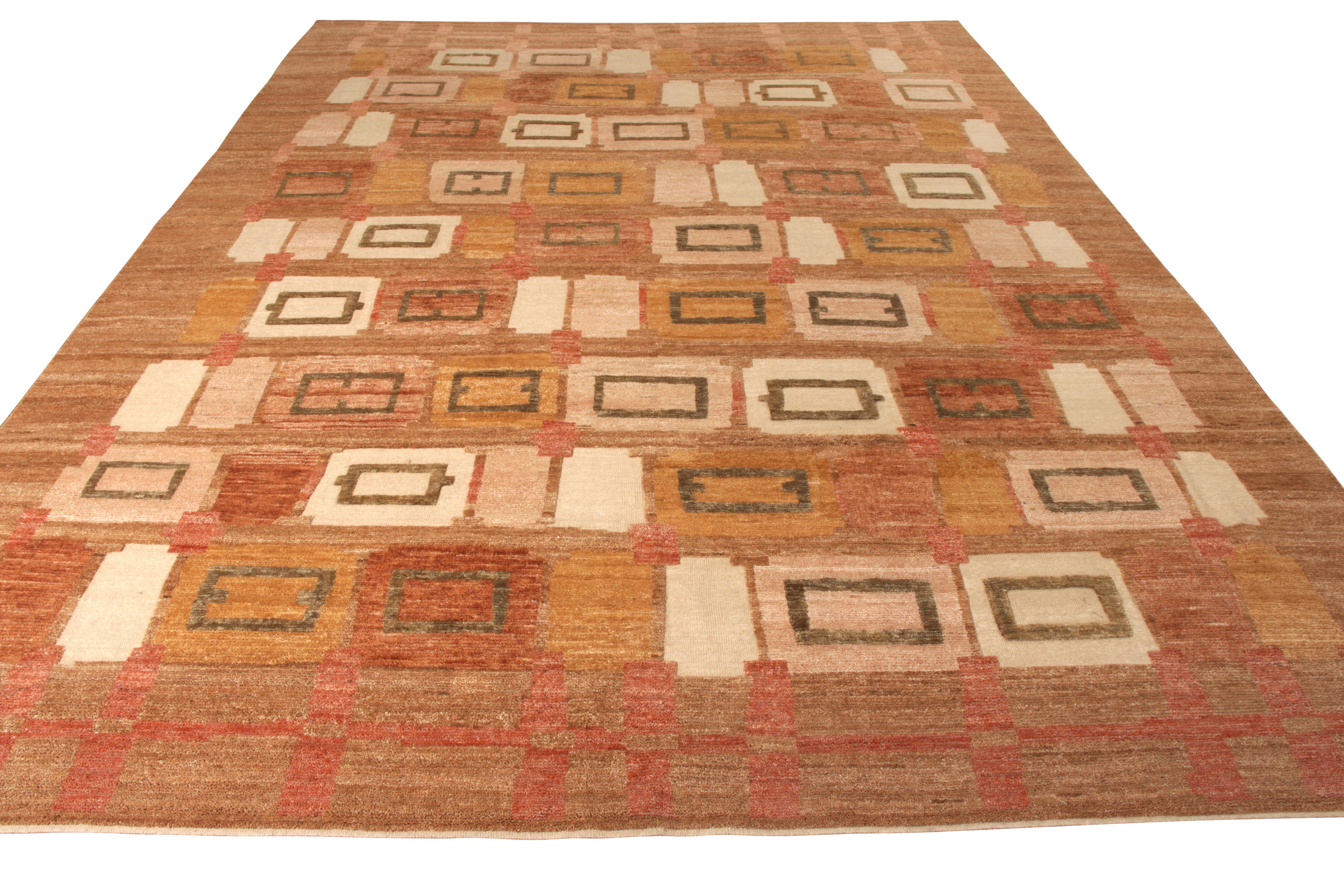 A 10 x 14 rug joining the Scandinavian Collection by Rug & Kilim, pturing acclaimed mid-century styles in new, dynamic form. Hand knotted in wool, exploring high-low texture married with the geometric pattern in warm beige-brown and pink tones.