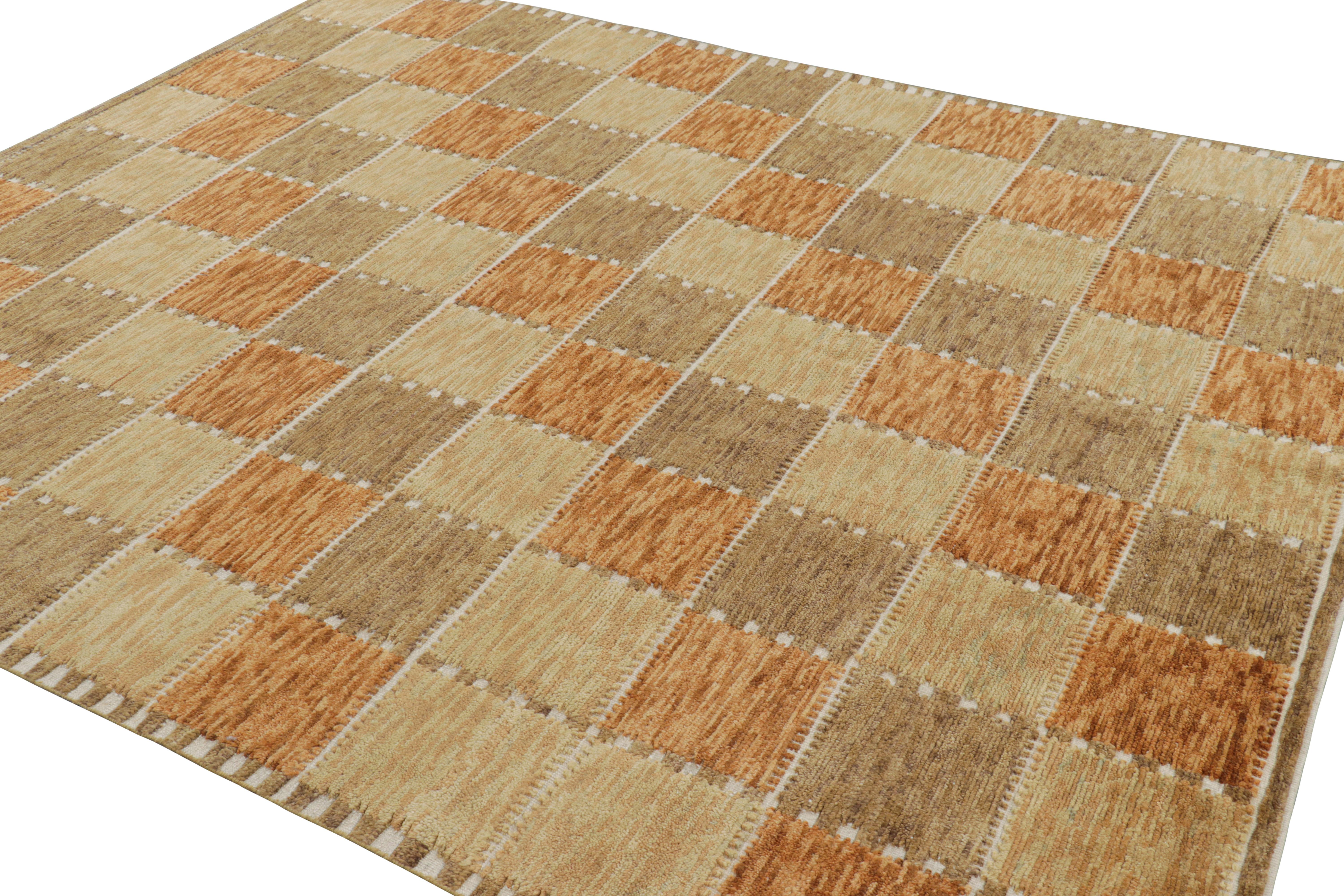 Indian Rug & Kilim’s Scandinavian Style Rug in Beige-Brown and Rust Geometric Pattern For Sale