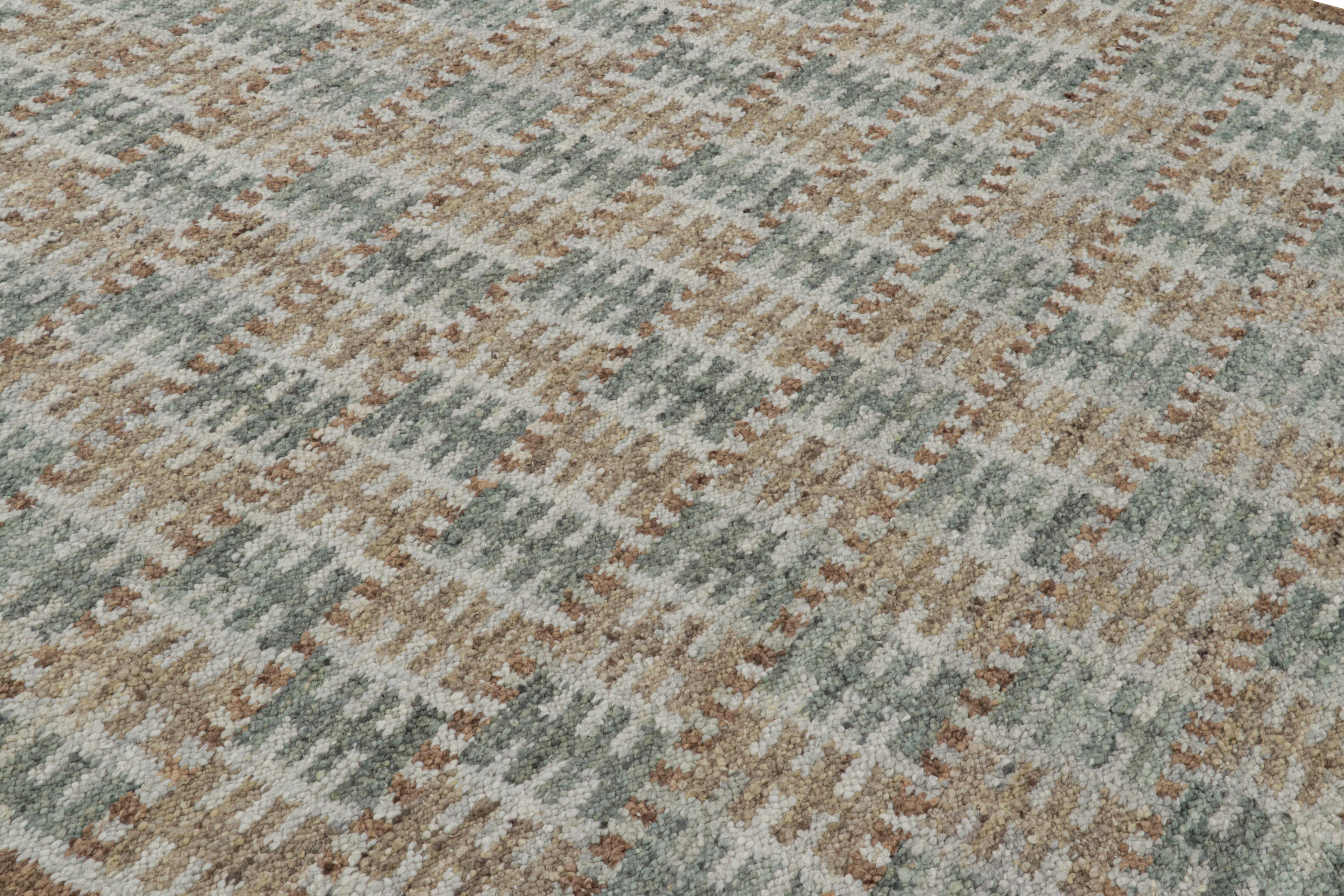 Handwoven in wool, this smart 8x10 Swedish style flat weave is Rug & Kilim’s “Nu” texture in their Scandinavian rug collection. 

On the design: 

Our “Nu” flat weave enjoys a boucle-like texture of blended yarns, and a look both impressionistic and