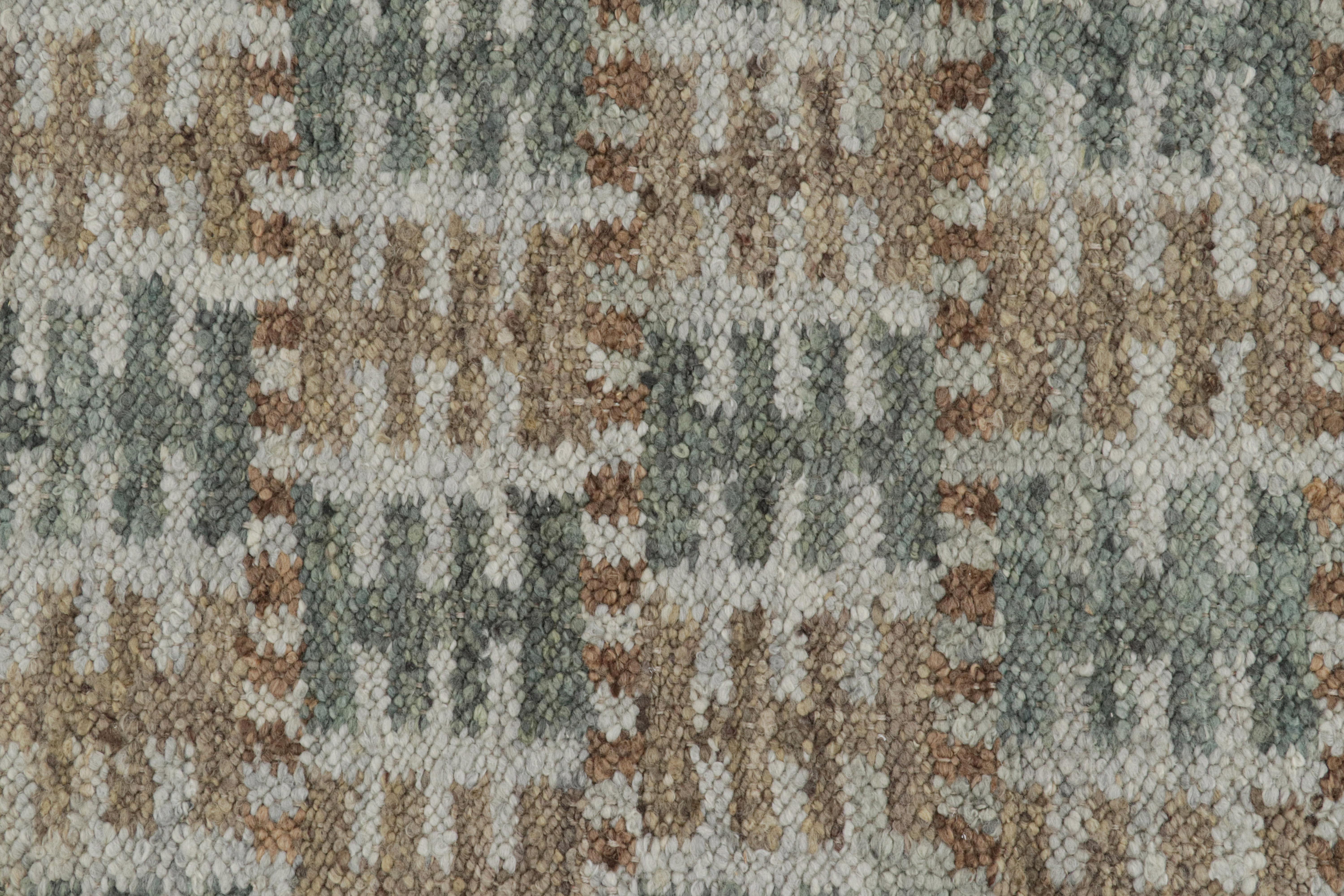 Modern Rug & Kilim’s Scandinavian Style Rug in Beige-Brown and Teal Geometric Patterns For Sale