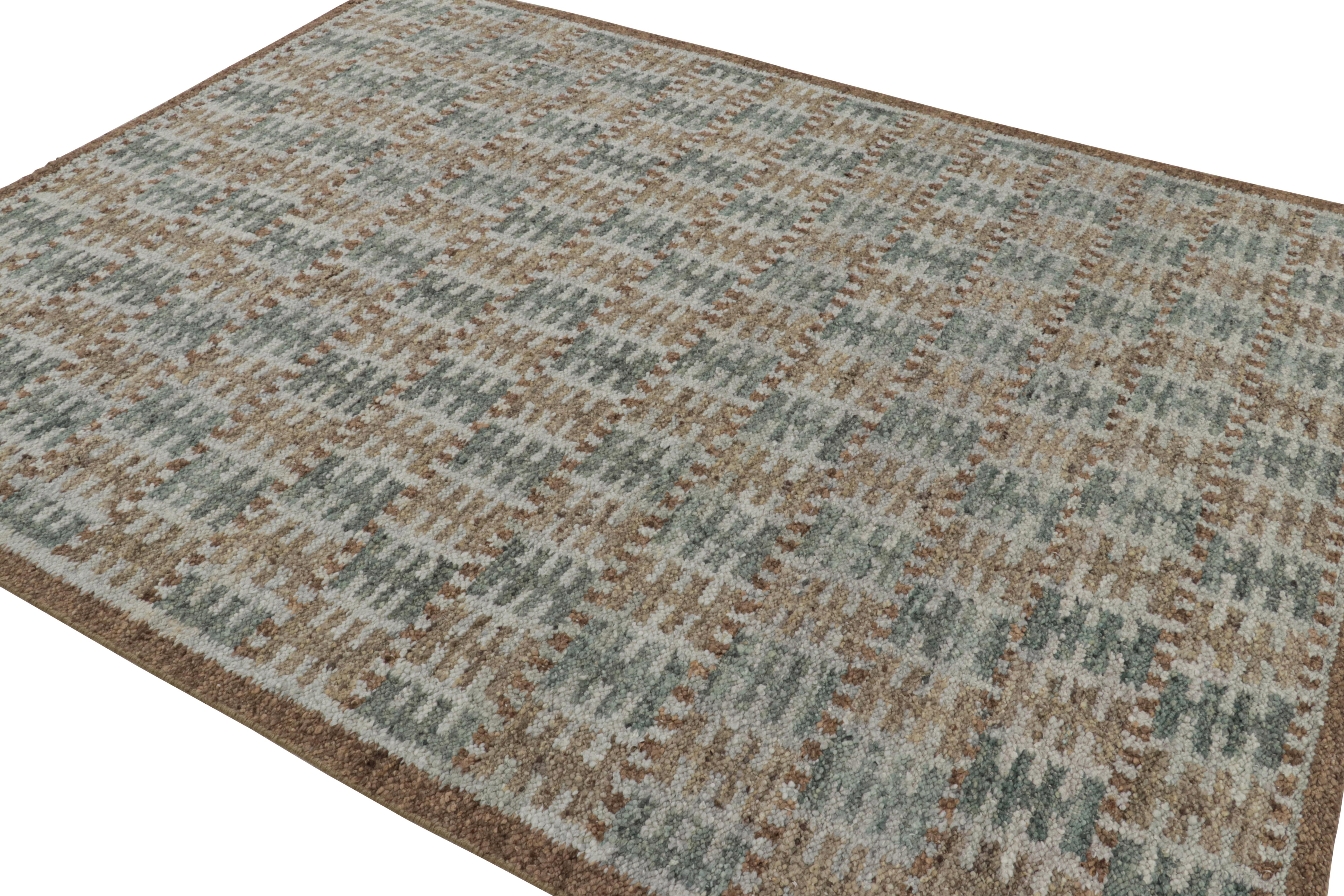 Indian Rug & Kilim’s Scandinavian Style Rug in Beige-Brown and Teal Geometric Patterns For Sale
