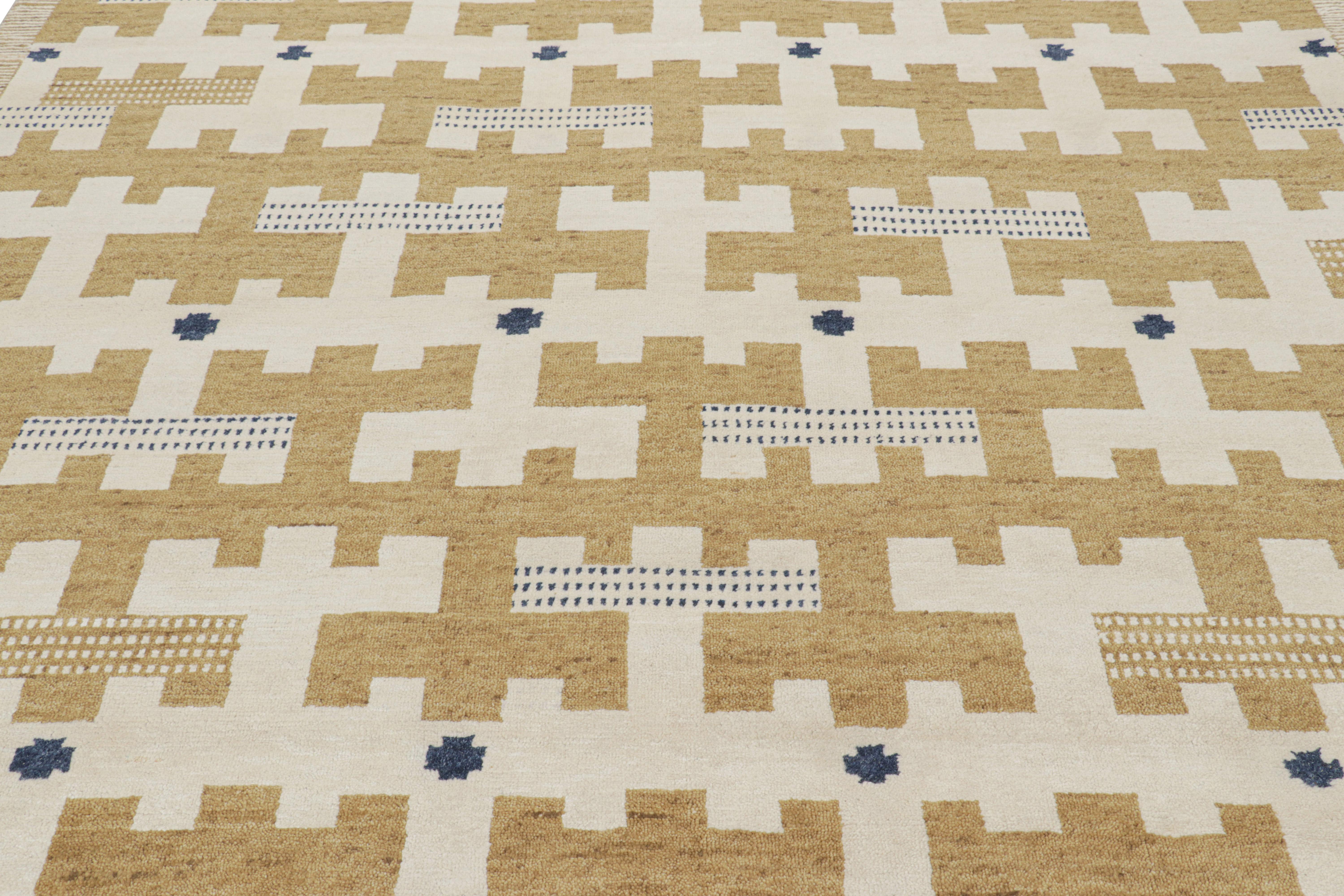 Dieser 8x10 große schwedische Teppich ist aus Wolle handgeknüpft und weist geometrische Muster auf, die von der schwedischen Deco-Sensibilität der Mitte des 20.  

Über das Design: 

Aufmerksame Augen werden auch die Geometrie dieses Designs