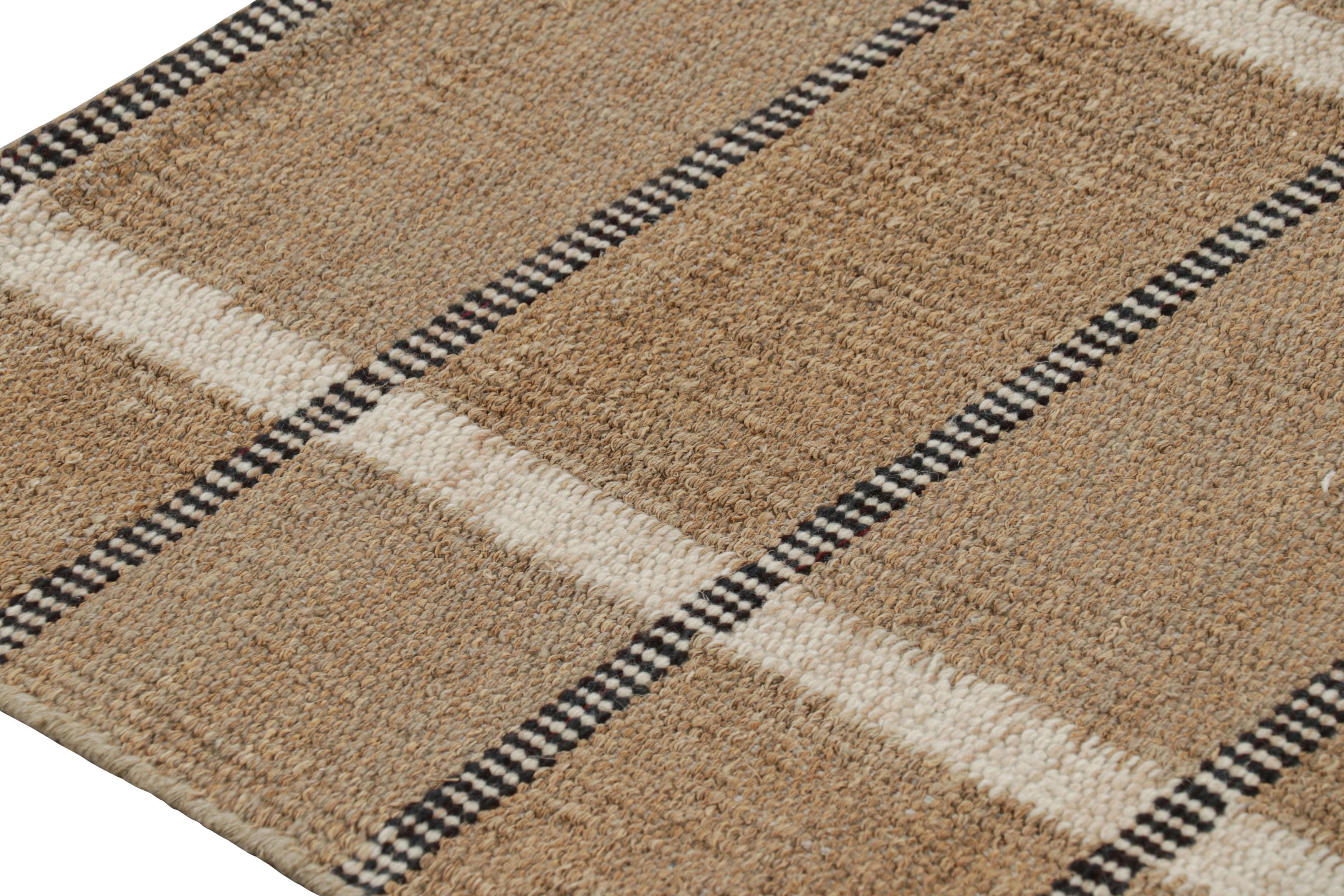 Modern Rug & Kilim’s Scandinavian Style Rug In Beige-Brown, Black and White Stripes For Sale