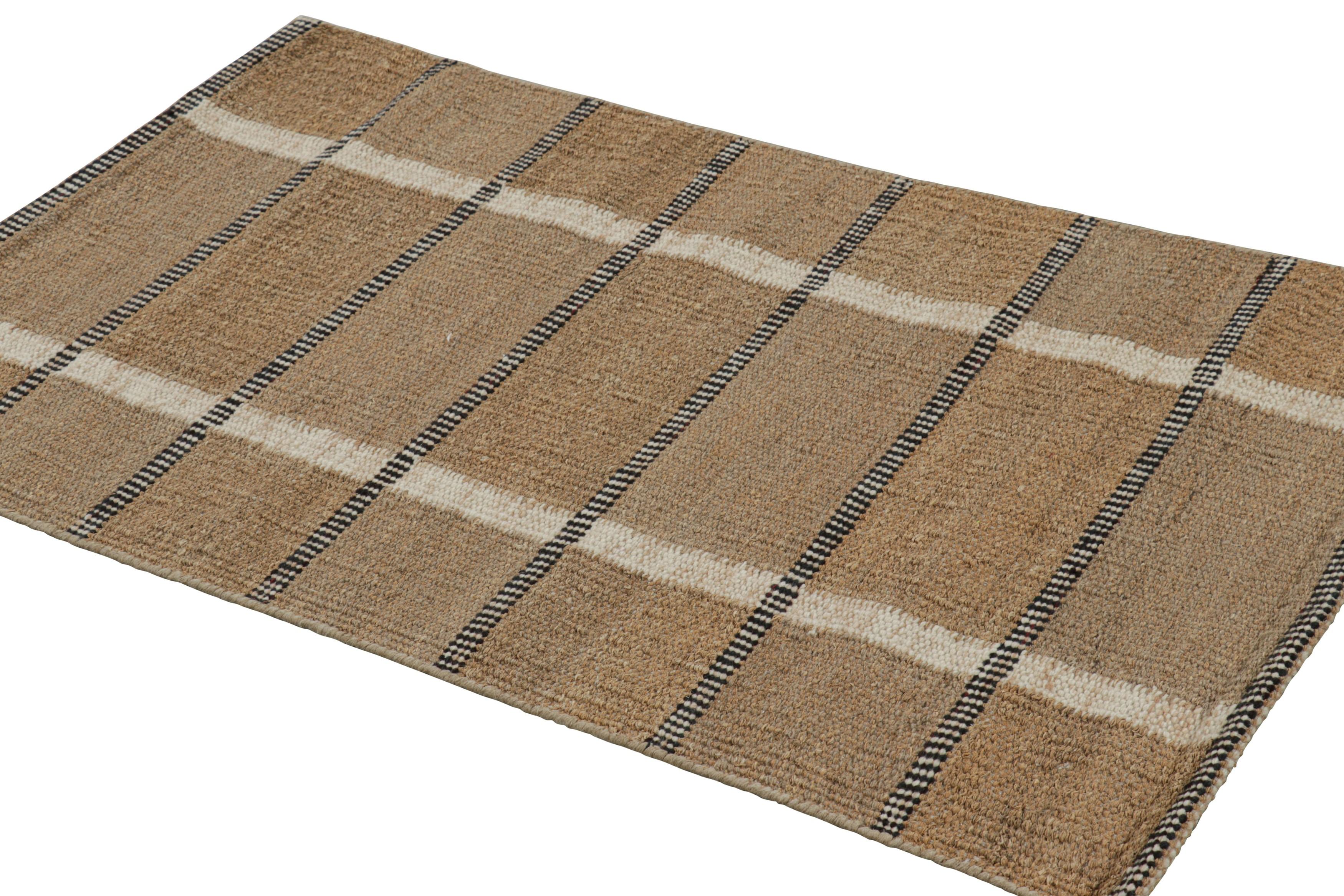 Indian Rug & Kilim’s Scandinavian Style Rug In Beige-Brown, Black and White Stripes For Sale