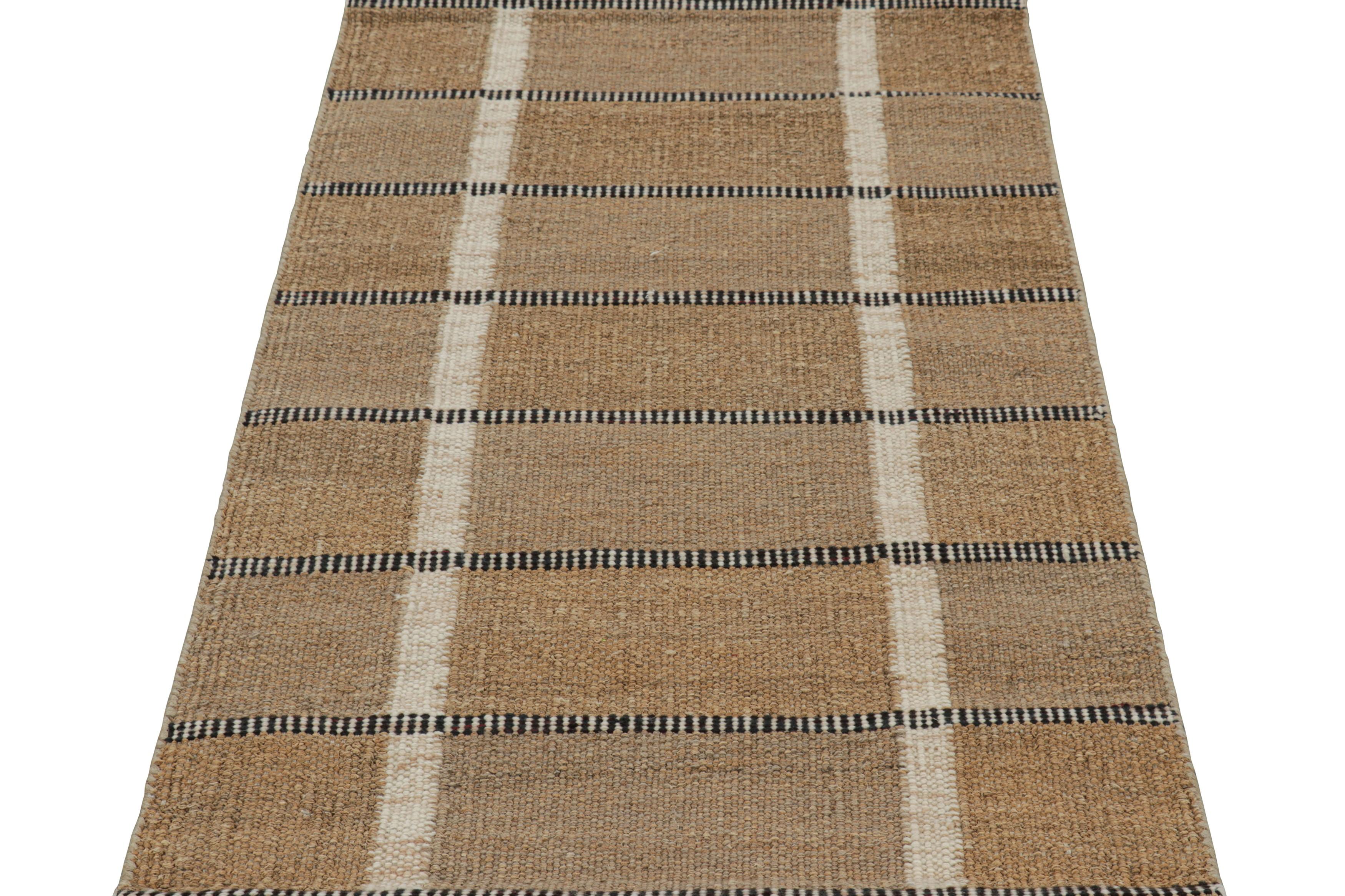 Hand-Woven Rug & Kilim’s Scandinavian Style Rug In Beige-Brown, Black and White Stripes For Sale