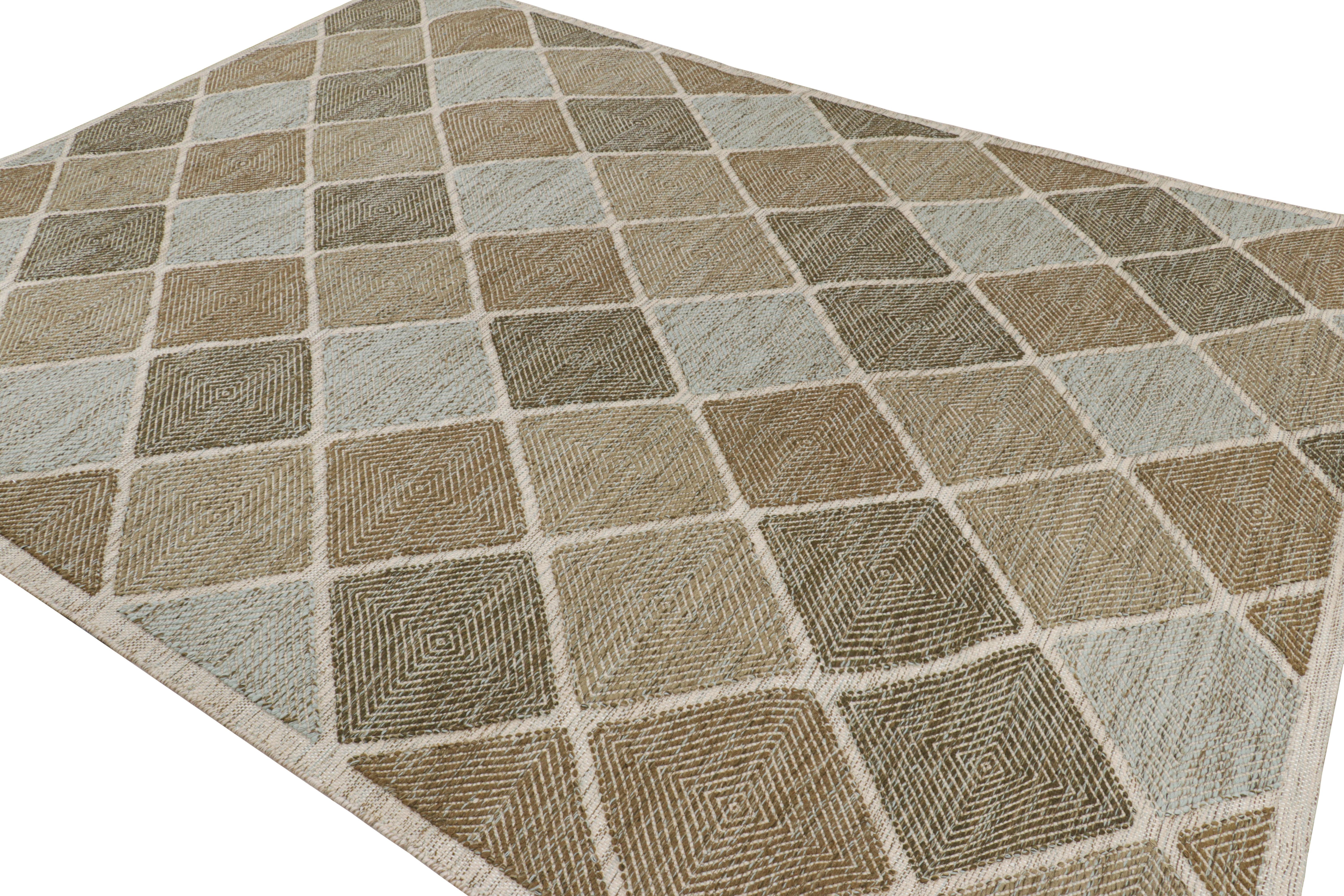 Indien Rug & Kilim's Scandinavian Style Rug in Beige-Brown & Blue Diamond Patterns (Tapis de style scandinave à motifs de diamants beige-brun et bleu) en vente