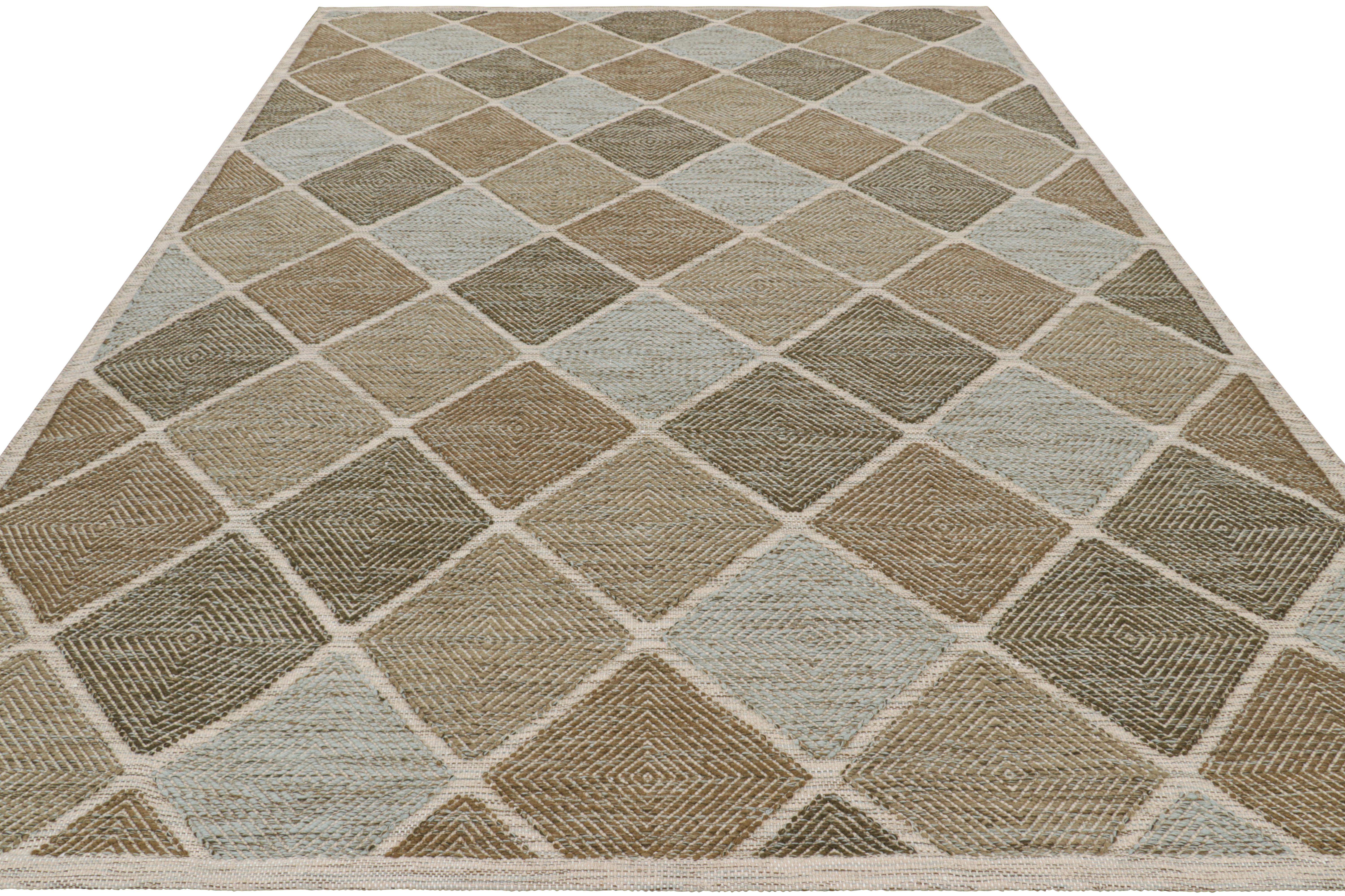 Tissé à la main Rug & Kilim's Scandinavian Style Rug in Beige-Brown & Blue Diamond Patterns (Tapis de style scandinave à motifs de diamants beige-brun et bleu) en vente
